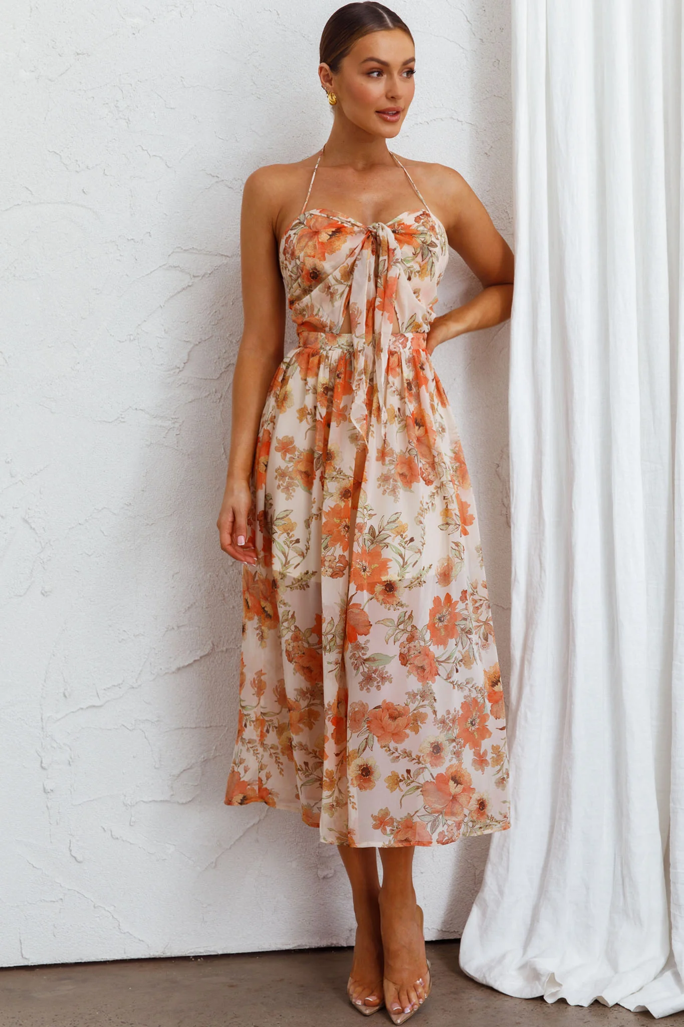 Los Feliz Tied Bust Halterneck Midi Dress Floral Beige