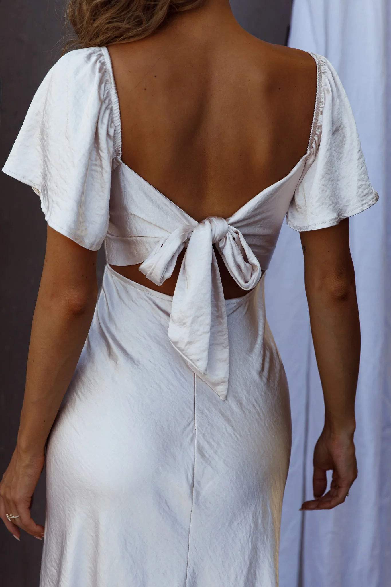 Grayson Tied Back Asymmetrical Midi Dress Champagne