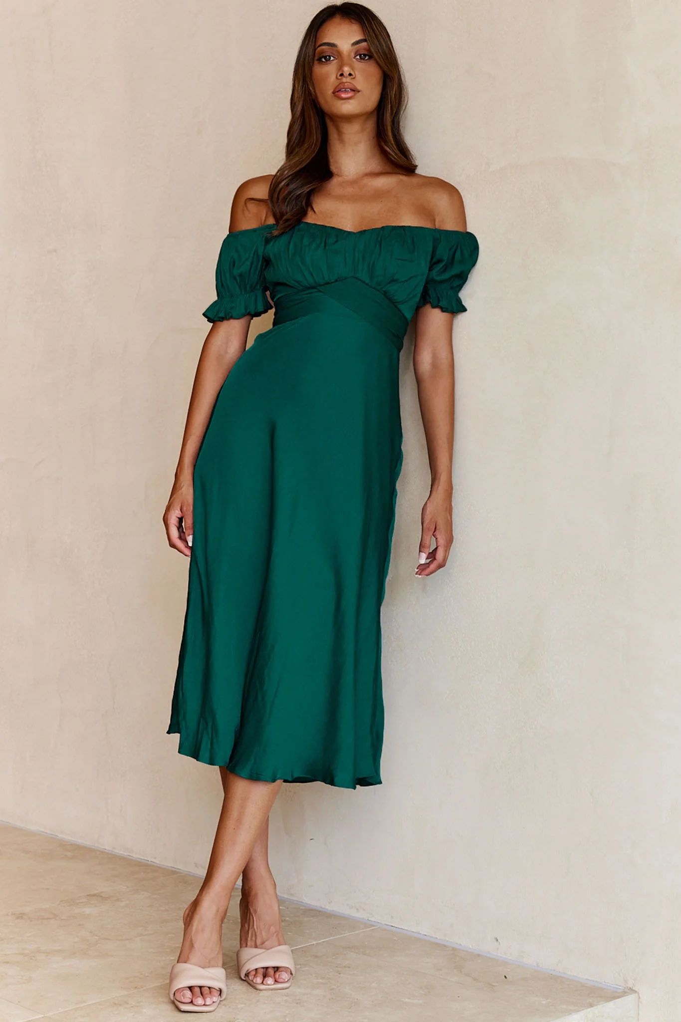 Linka Off-Shoulder Tie Back Midi Dress Forest Green