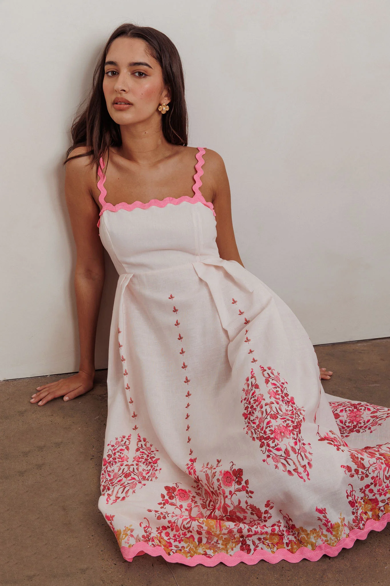 Asami Floral Print Ric Rac Trim Midi Dress Blush