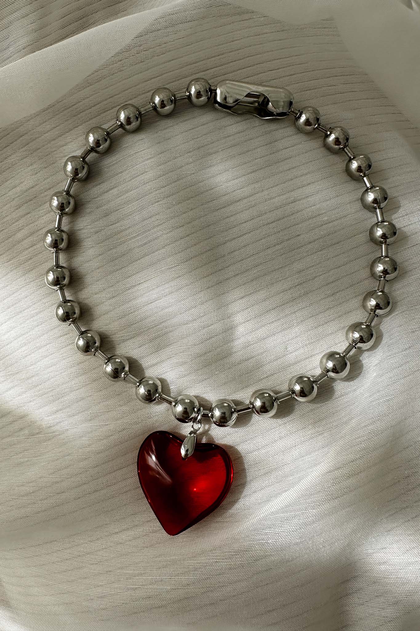 Lee Silver Bead Large Heart Necklace Red