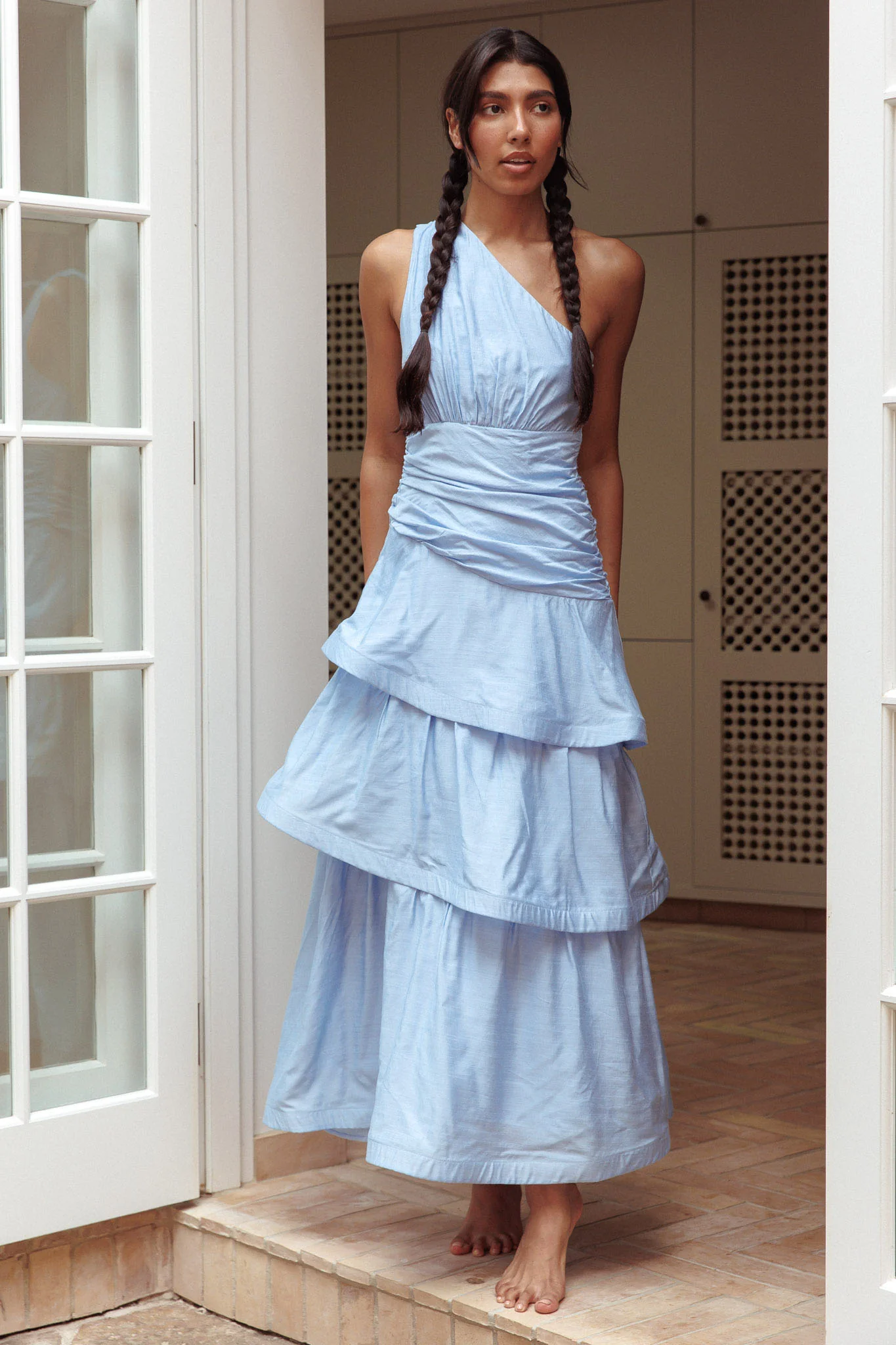 Kenny One Shoulder Tiered Maxi Dress Solid Blue