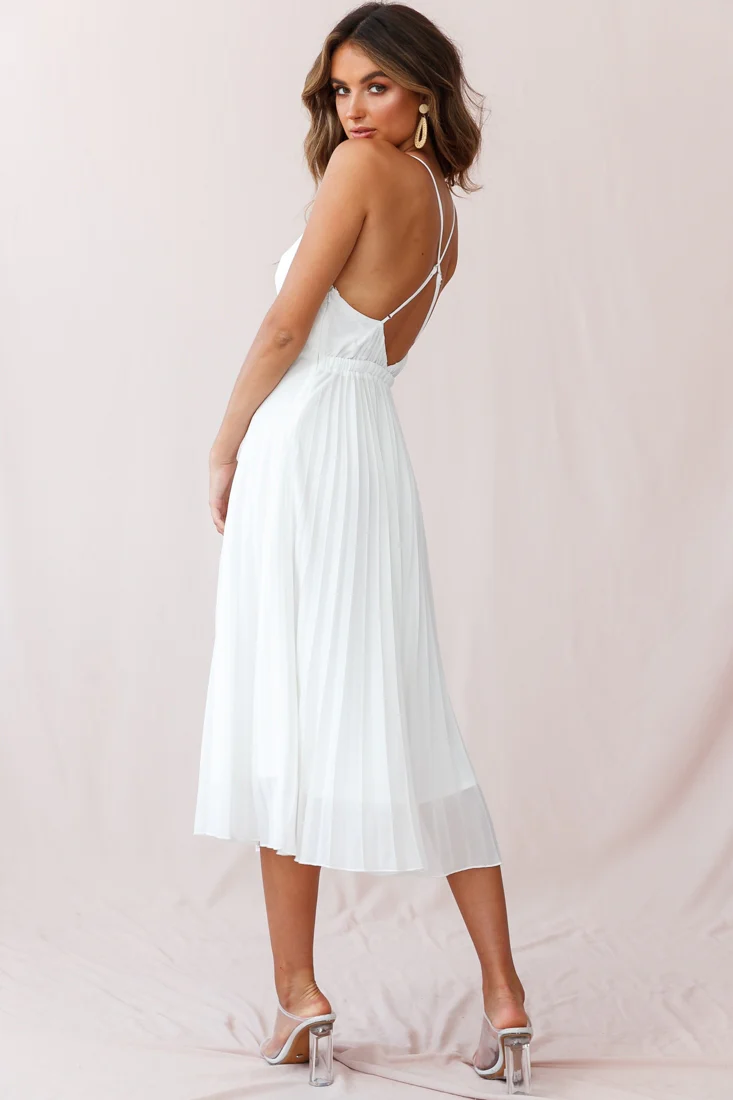 Artemis Accordion Pleat Strappy Back Midi Dress White