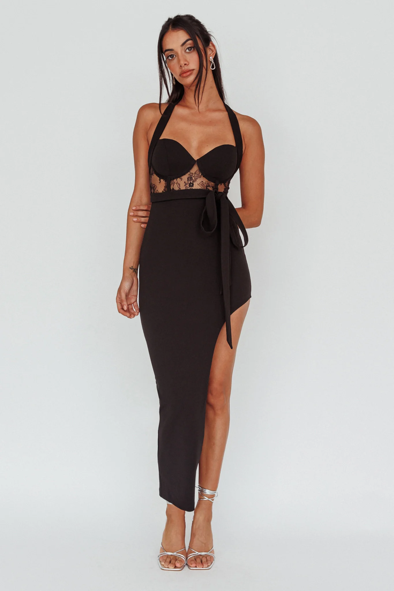 Jonetta Lace Insert Halterneck Midi Dress Black