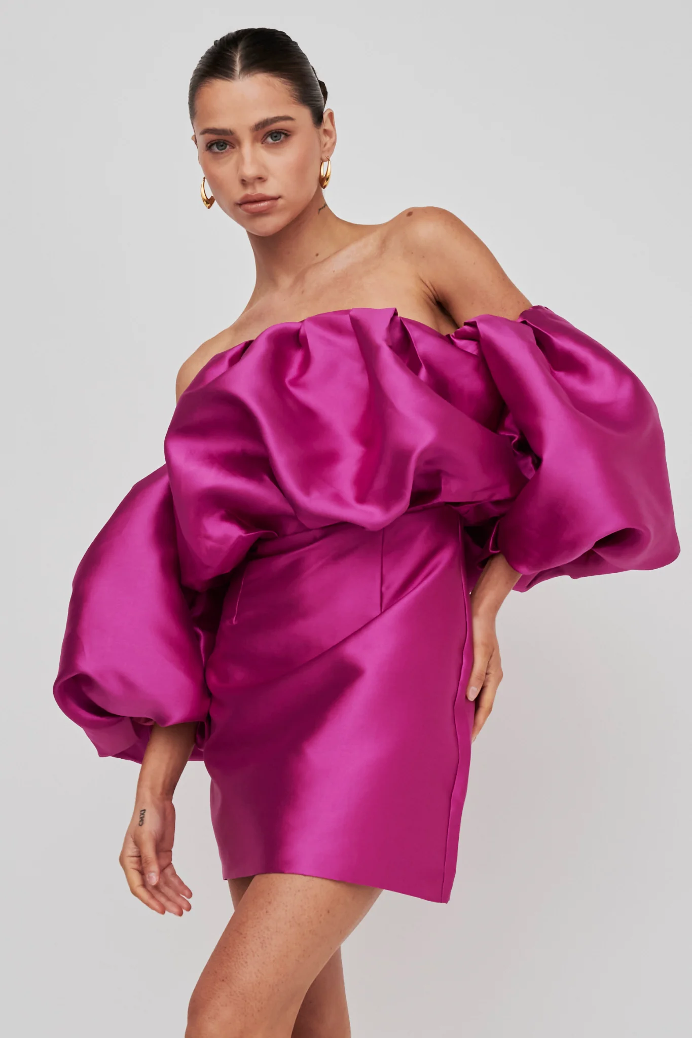 Dream Time Puffed Neckline Mini Dress Magenta