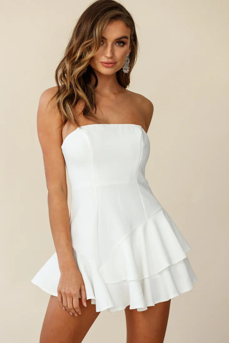 Candy Strapless Layered Ruffle Hem Romper White