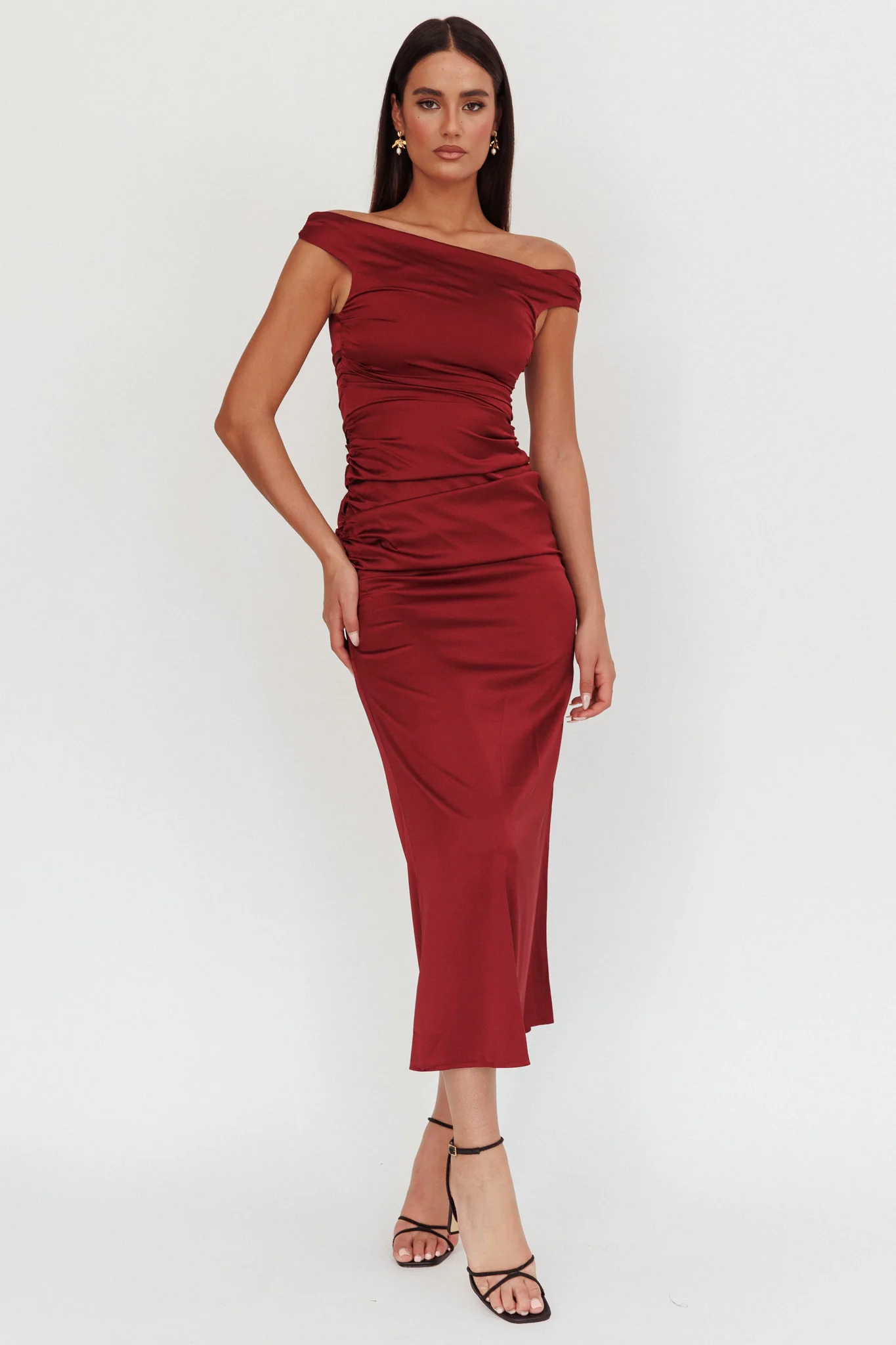 In Blooms Off Shoulder Satin Maxi Dress Wine