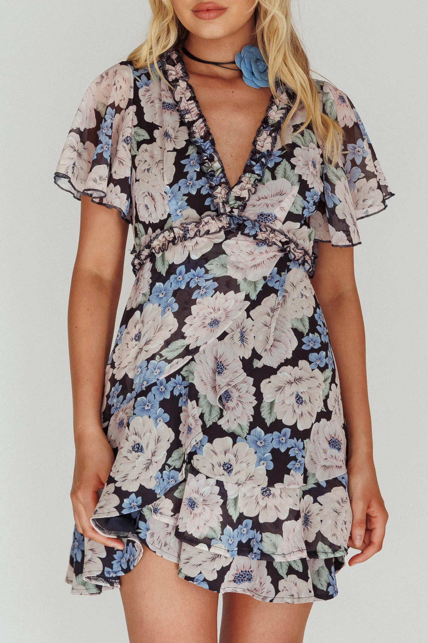 Laney Angel Sleeve Ruffle Dress Floral Blue