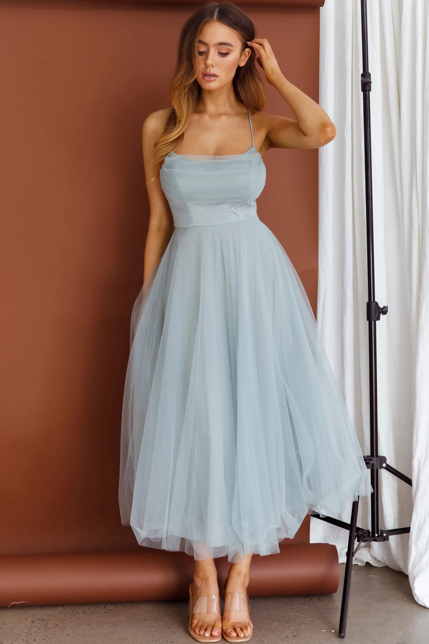 Floating By Pleated Neckline Mesh Midi Dress Sage