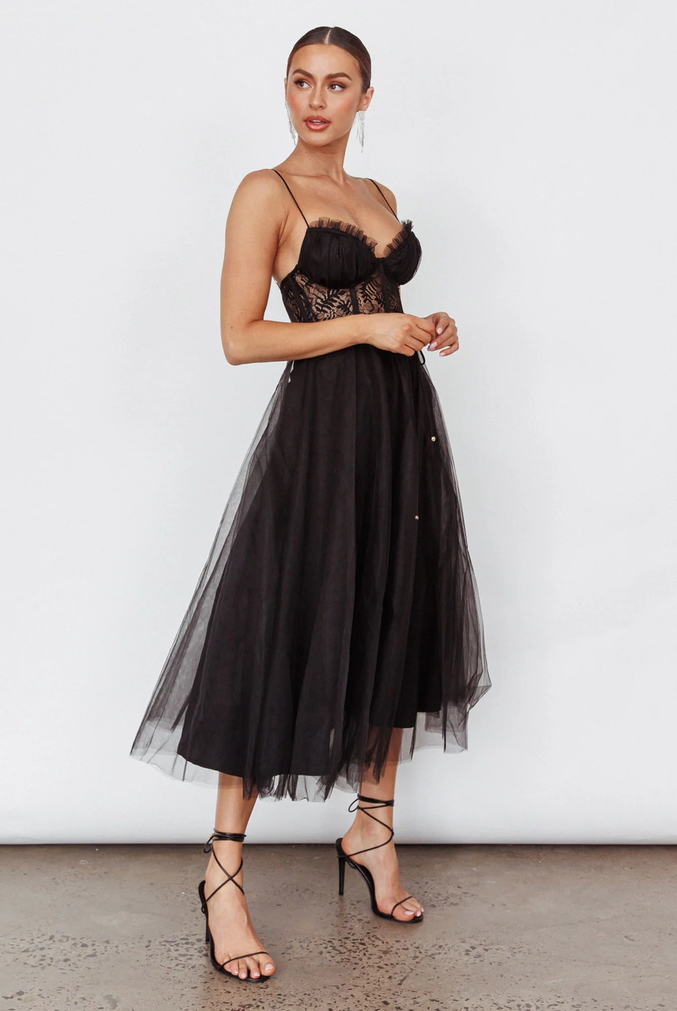Trophy Lace Bodice Mesh Midi Dress Black