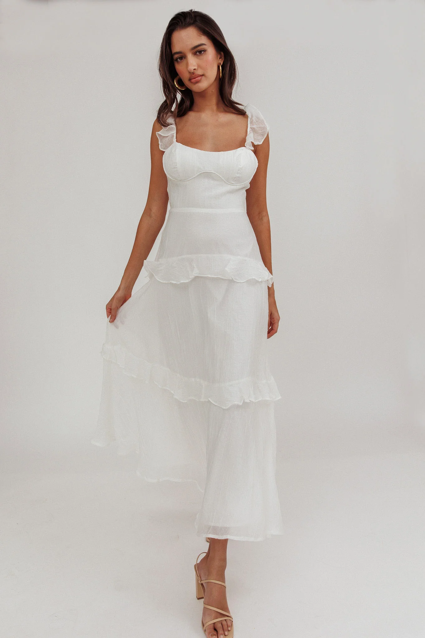 Moonlit Moment Ruffle Trim Lace-Up Back Maxi Dress White