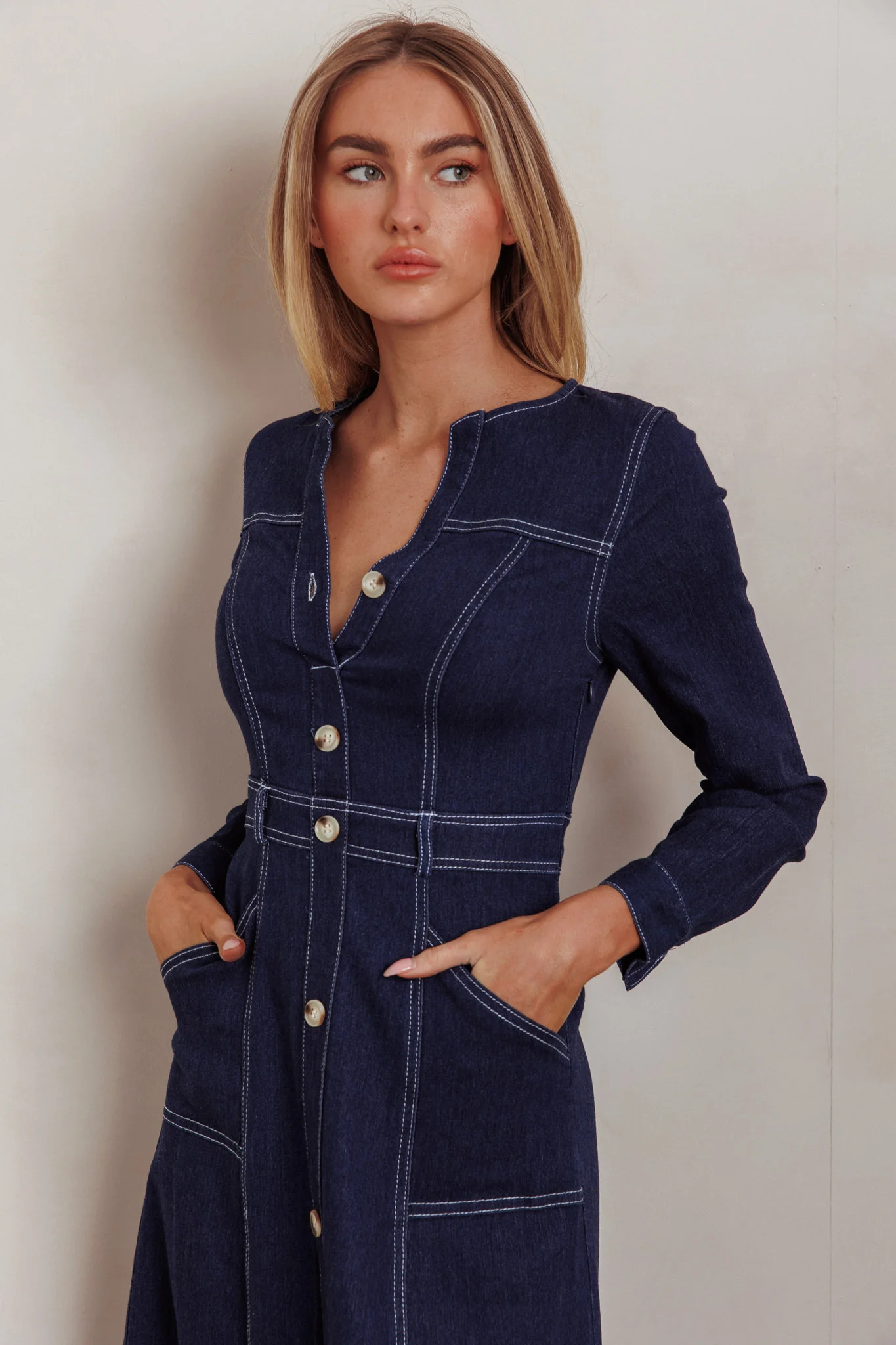 Aspen Love Front Pocket Long Sleeve Midi Dress Indigo