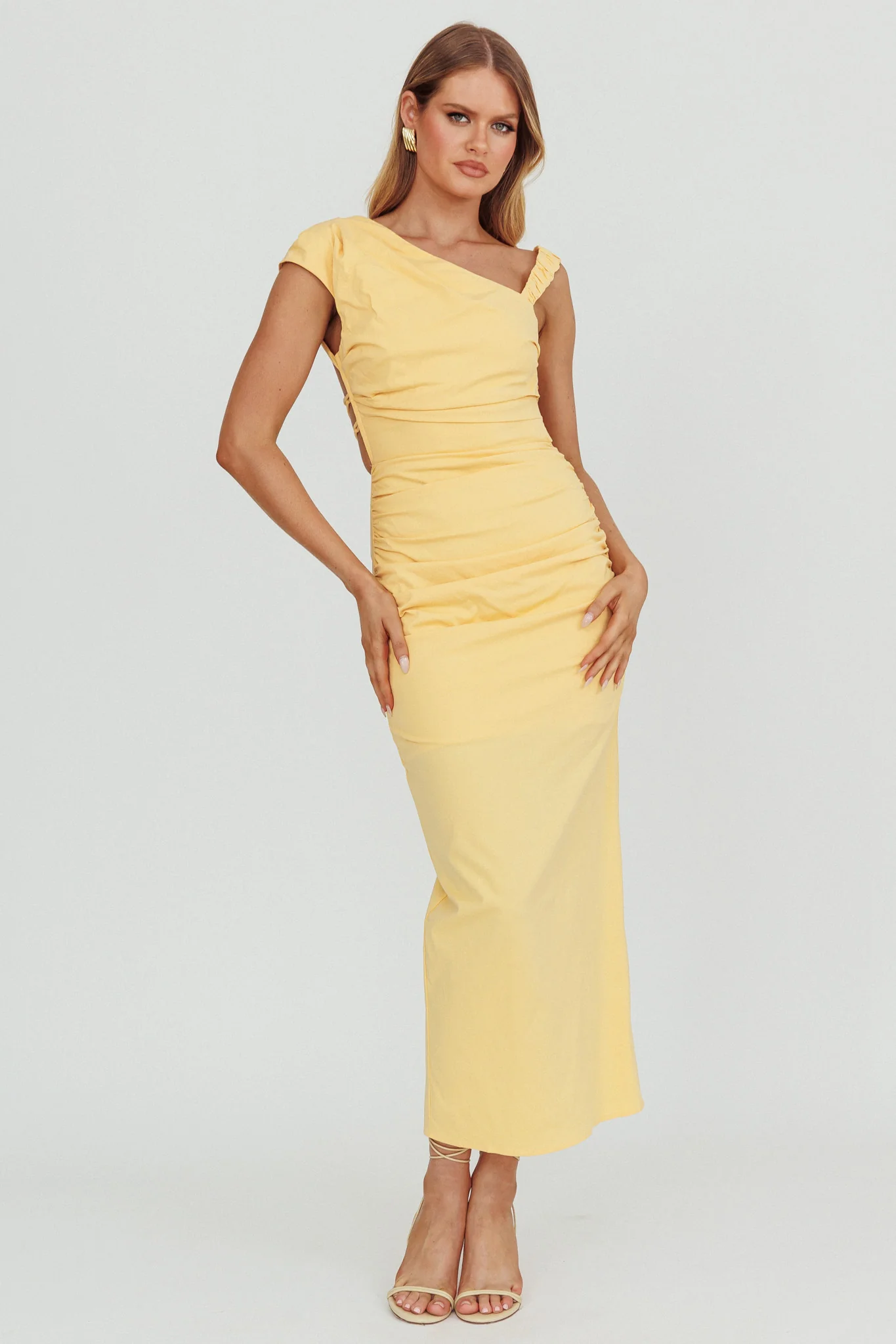 Dream Crush Asymmetric Neckline Midi Dress Lemon