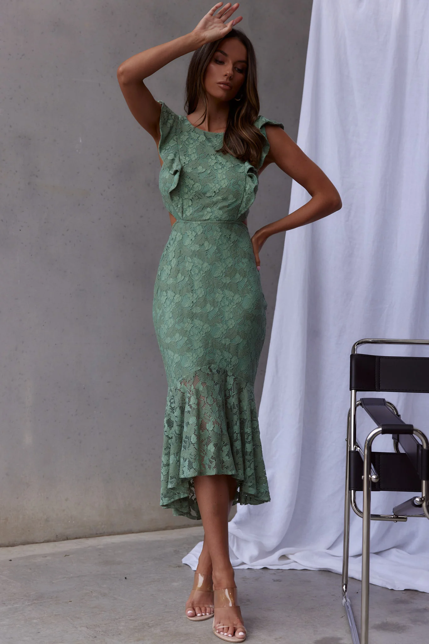 Jackie Pinafore Floral Lace Dress Avocado