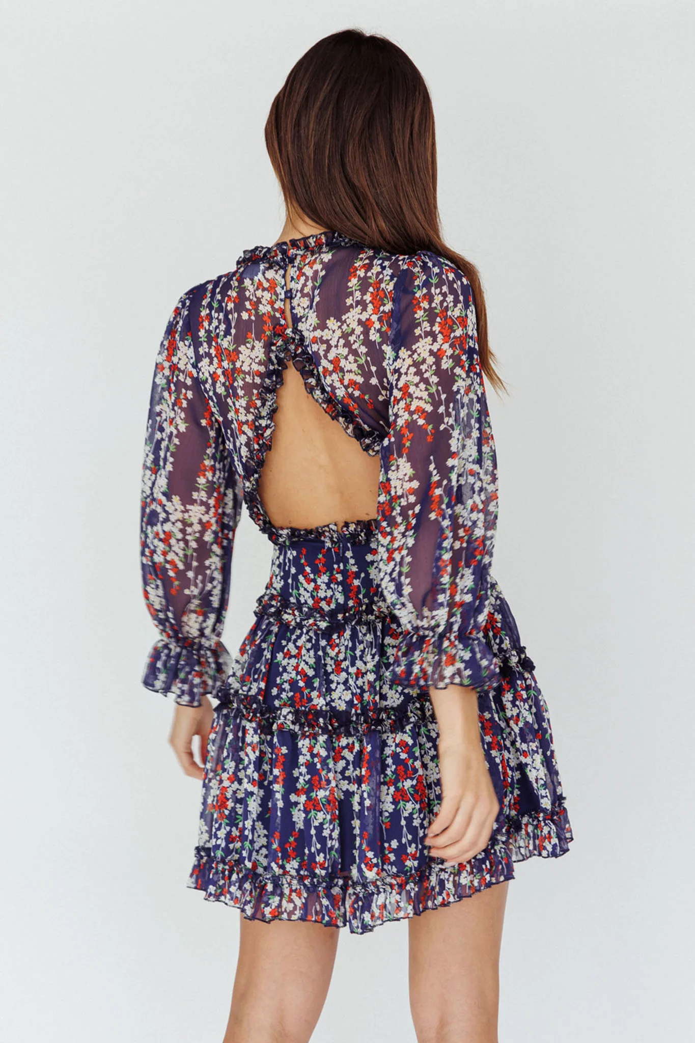Laney Cutout Back Ruffle Detail Floral Dress Navy