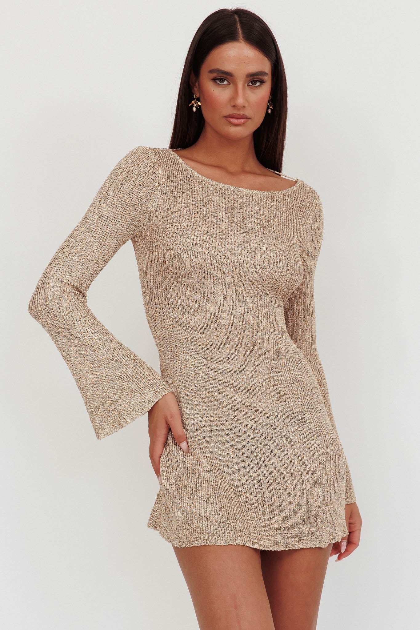 Cosmic Scoop Back Sequin Knit Mini Dress Gold