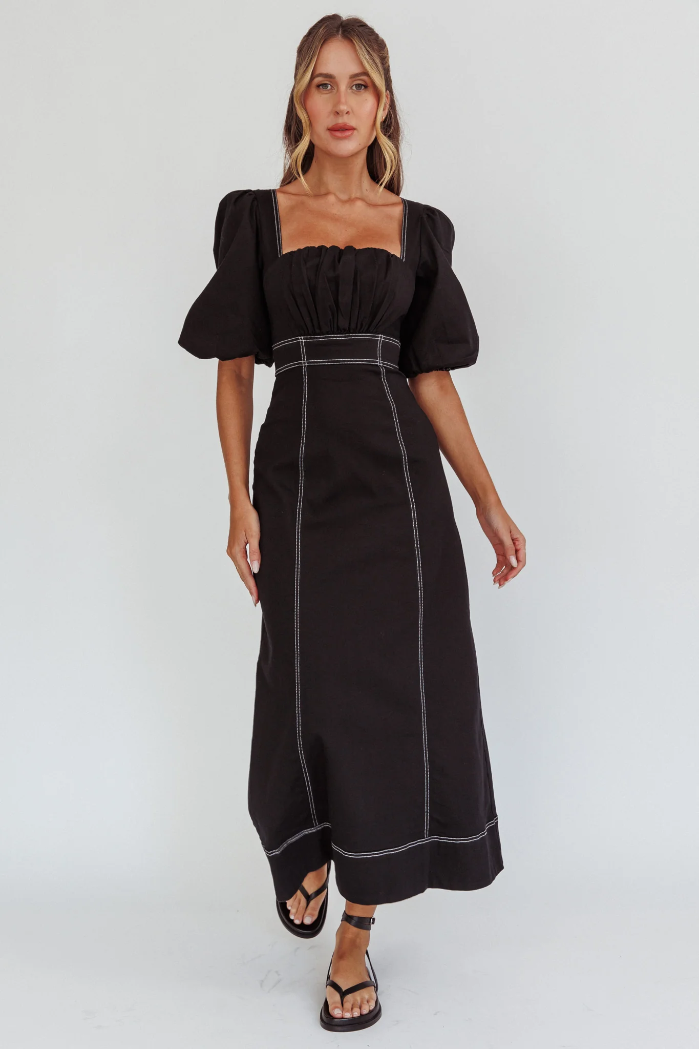 Sibille Puff Sleeve Contrast Stitch Dress Black