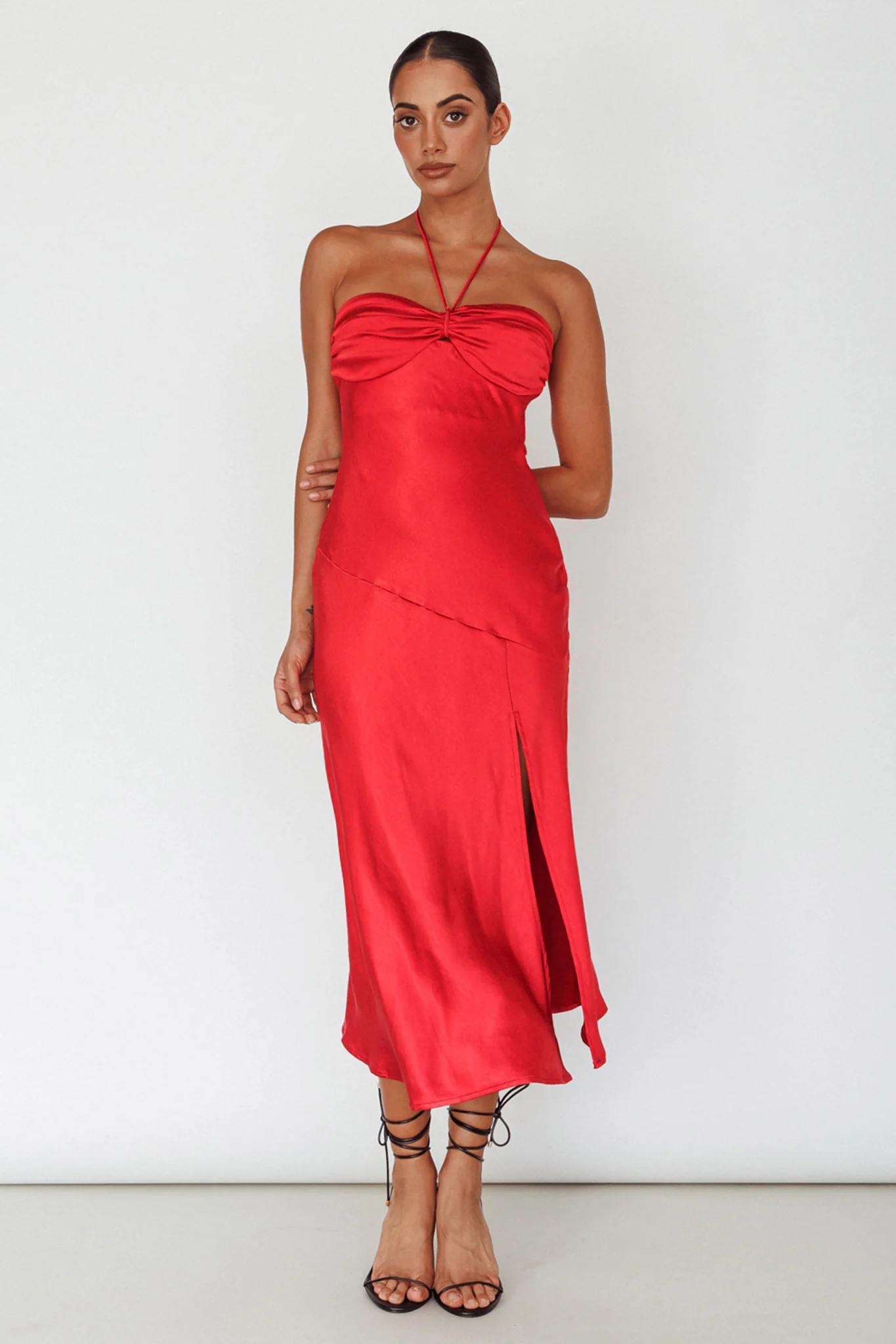 Kindred Spirit Strapless Gathered Bust Midi Dress Red
