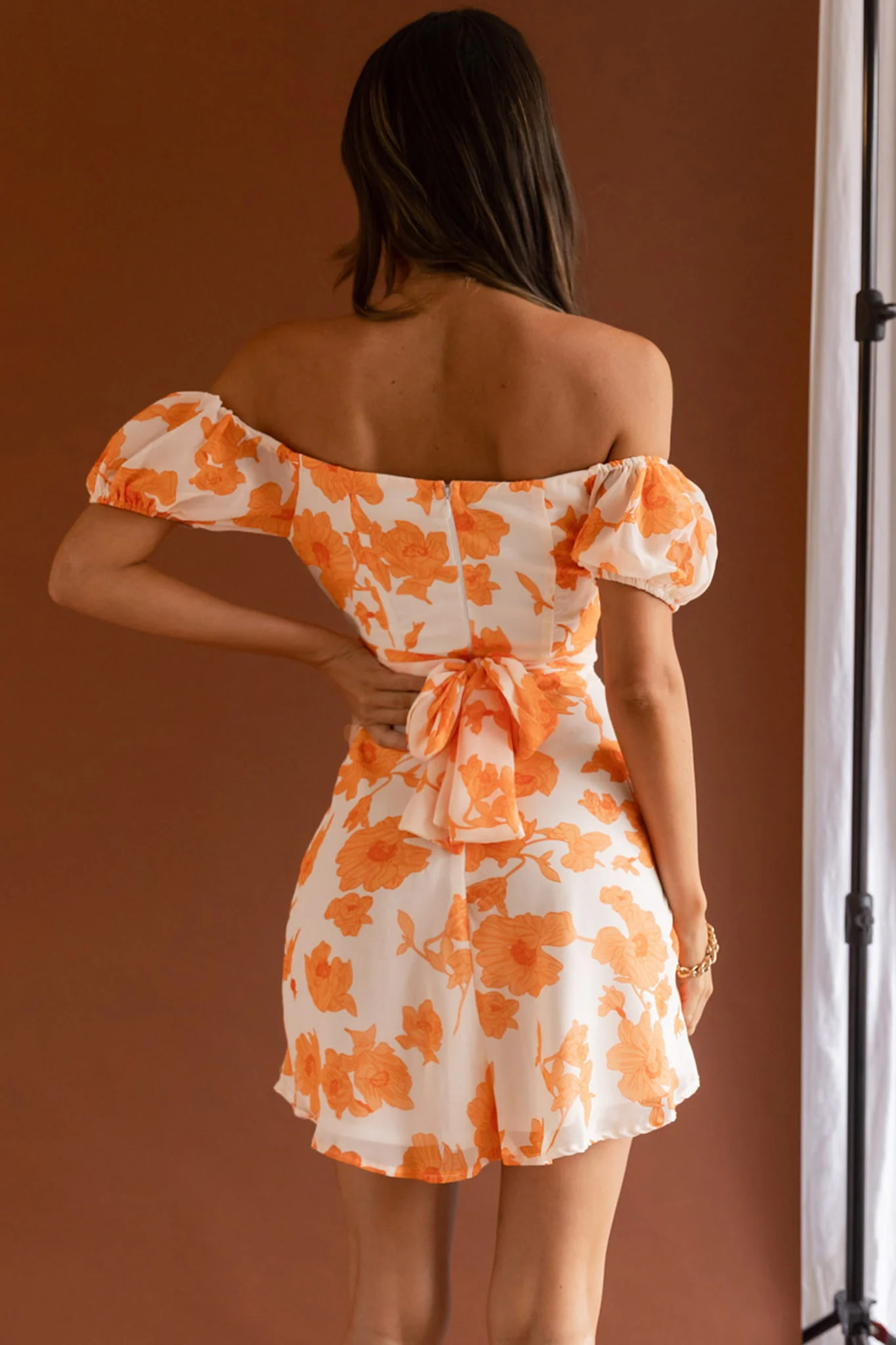 Linka Puff Sleeve Waist Tie Dress Floral Orange