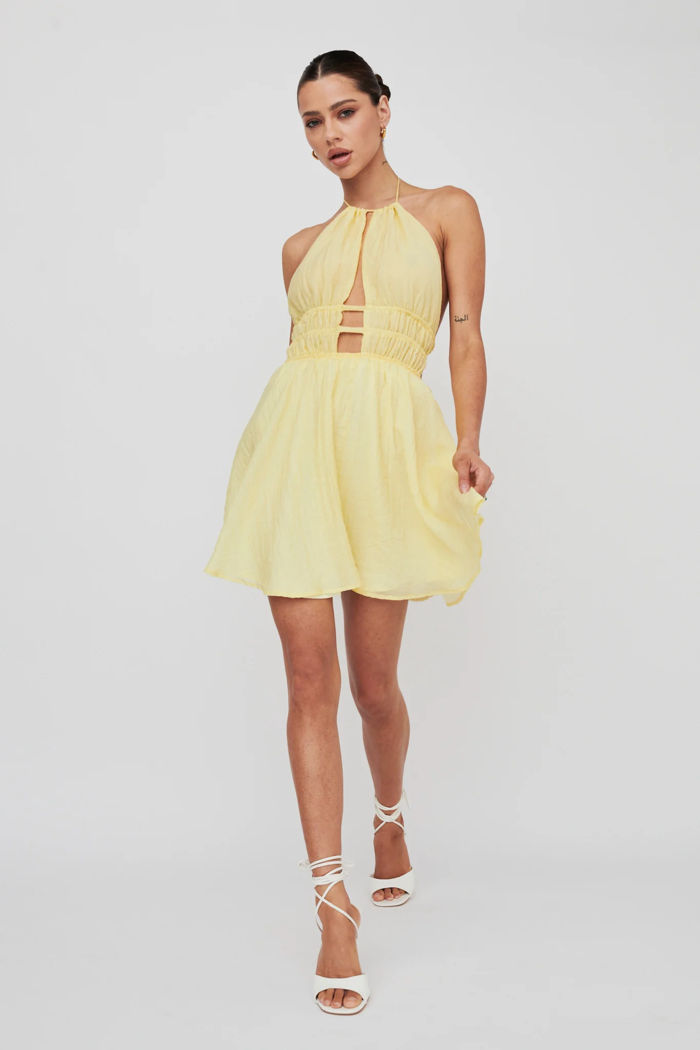 Cyndi Open Back Halterneck Mini Dress Lemon