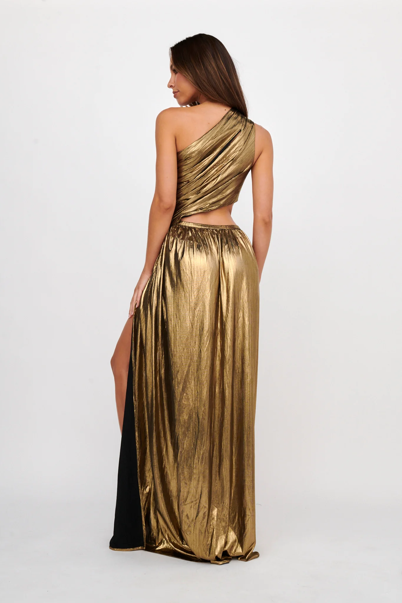 Fortuna One Shoulder Split Maxi Dress Black/Gold