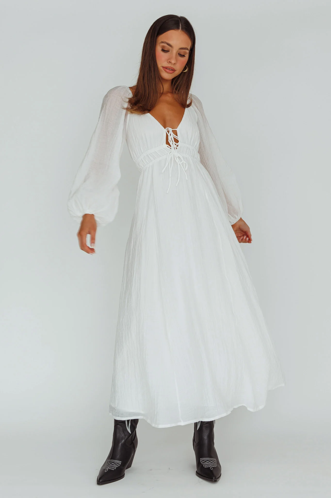 Kylin Balloon Sleeve Tied Bust Maxi Dress White