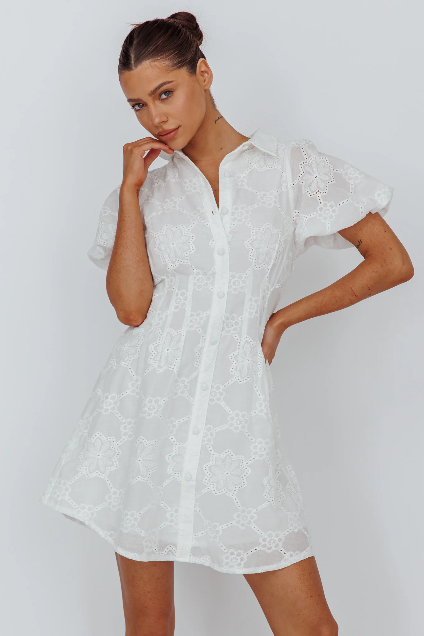 Zurich Pleated Waist Shirt Dress Eyelet White