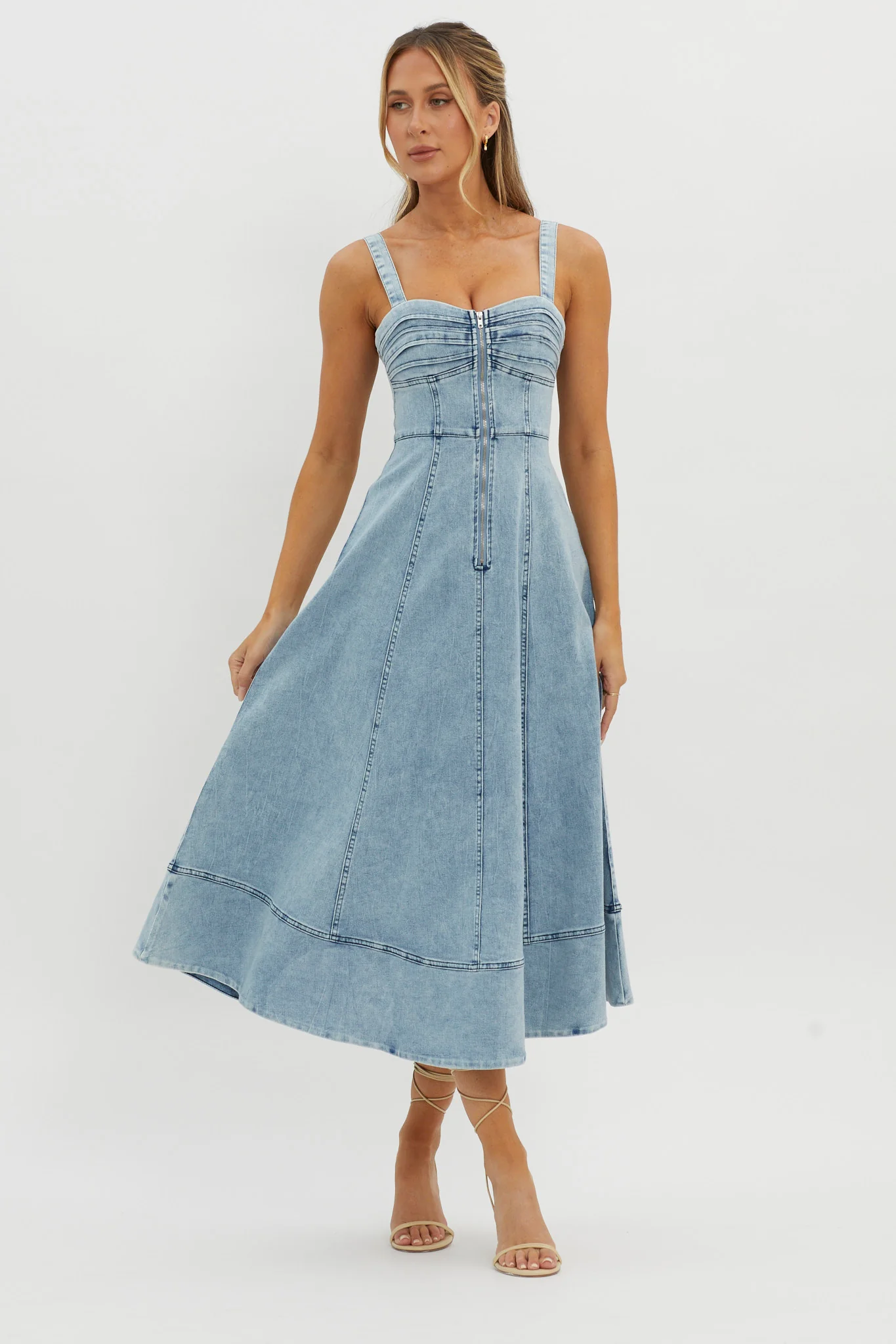 Emilio Pleated Bust A-Line Midi Dress Denim Blue