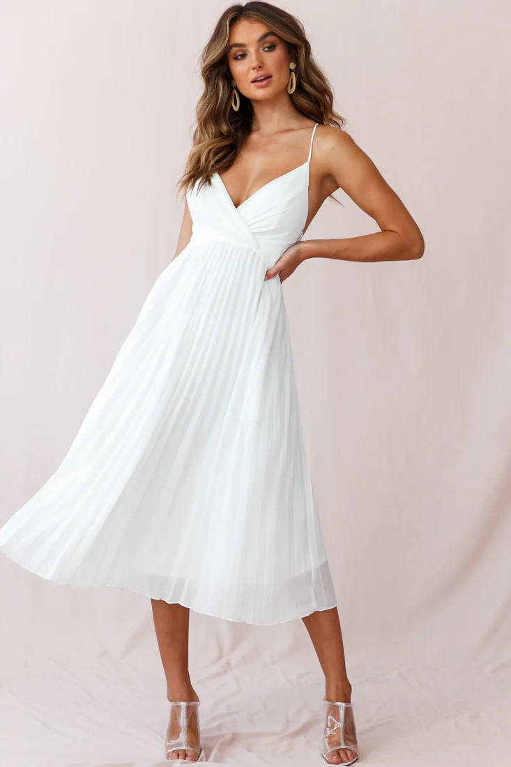 Artemis Accordion Pleat Strappy Back Midi Dress White