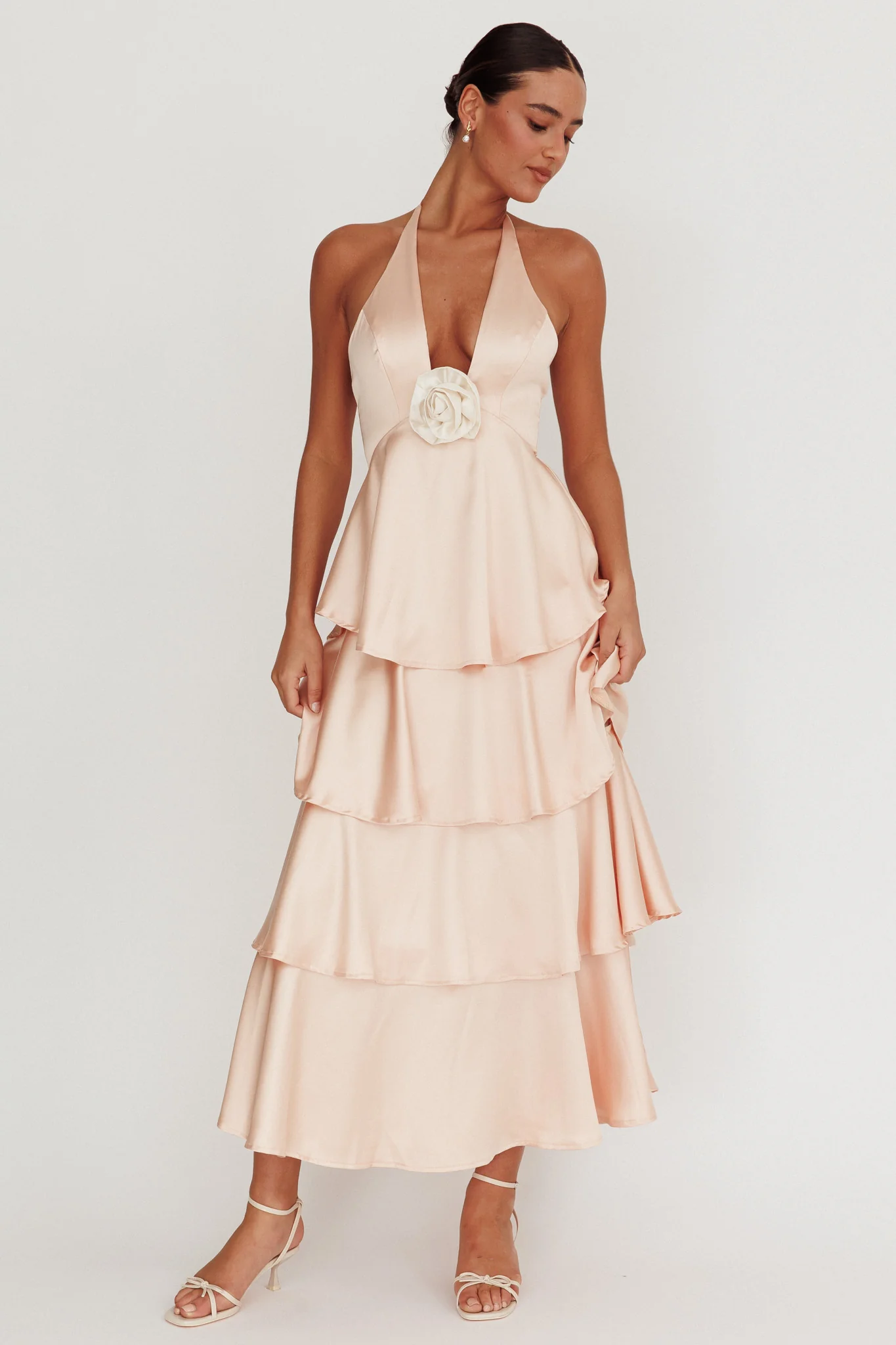 Catalina Tiered Ruffle Rosette Maxi Dress Peach