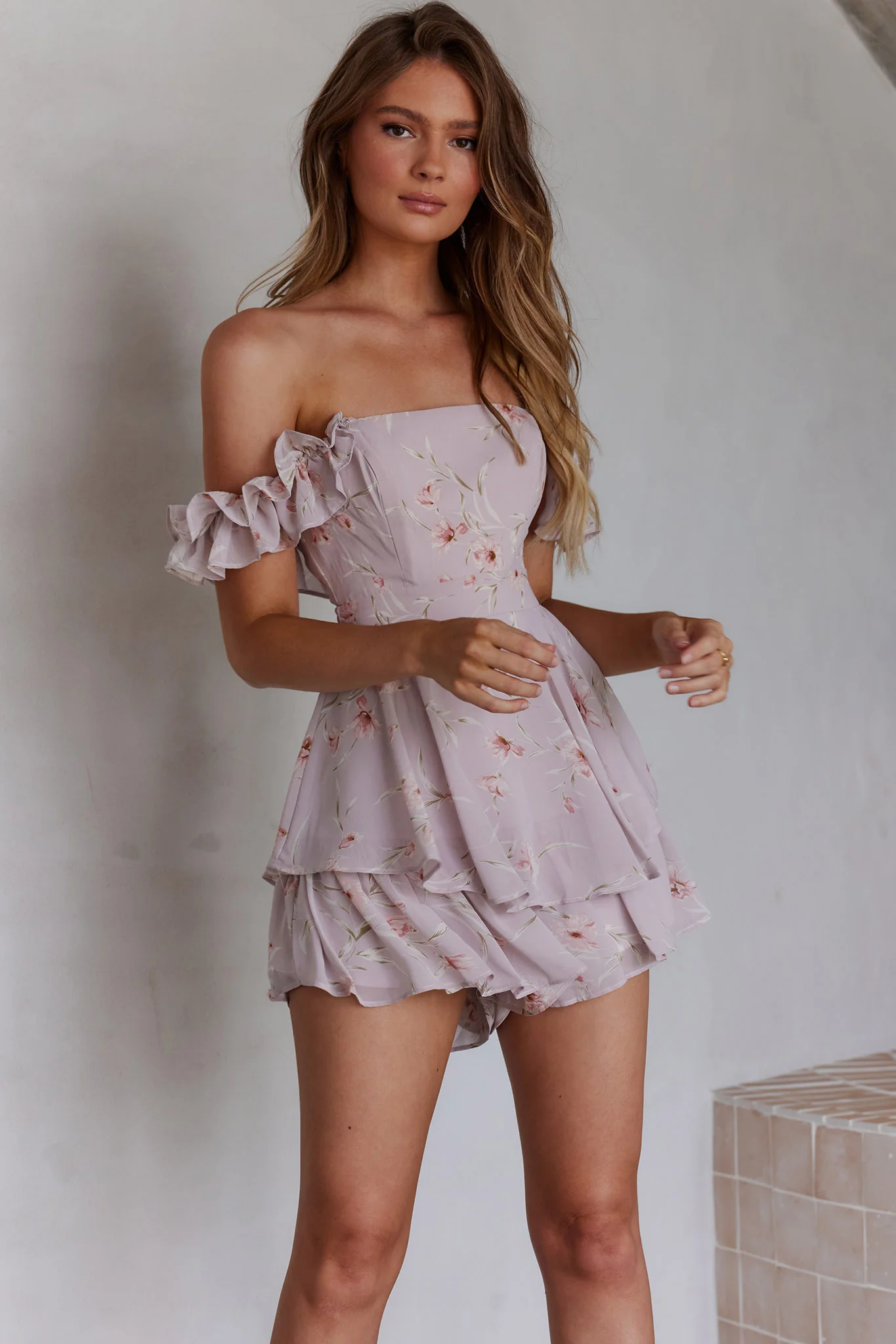 Verona Off-Shoulder Romper Floral Print Pink
