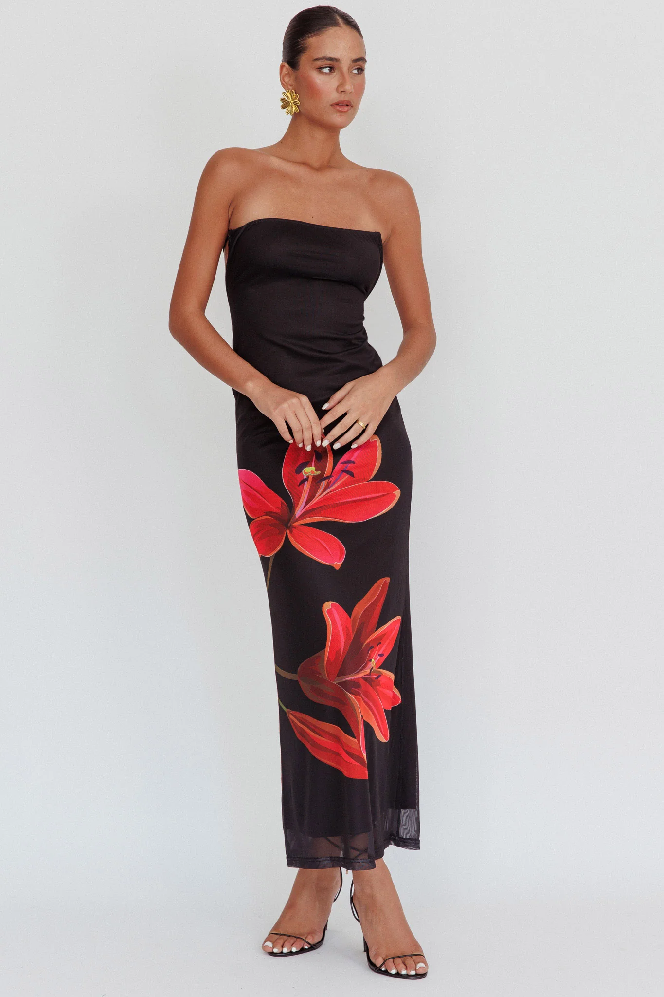 Iridian Strapless Floral Maxi Dress Black