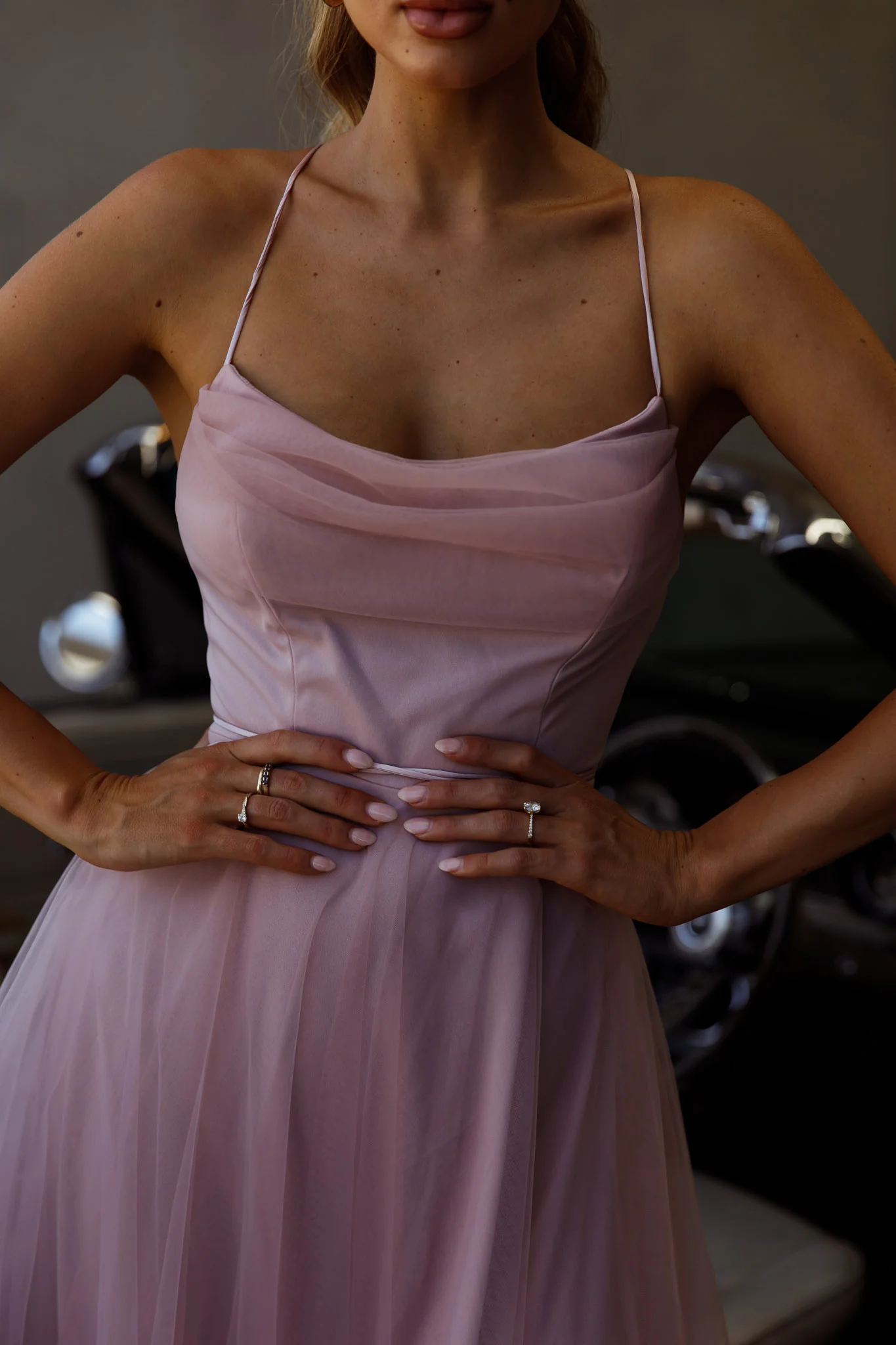 Floating By Pleated Neckline Mesh Midi Dress Blush