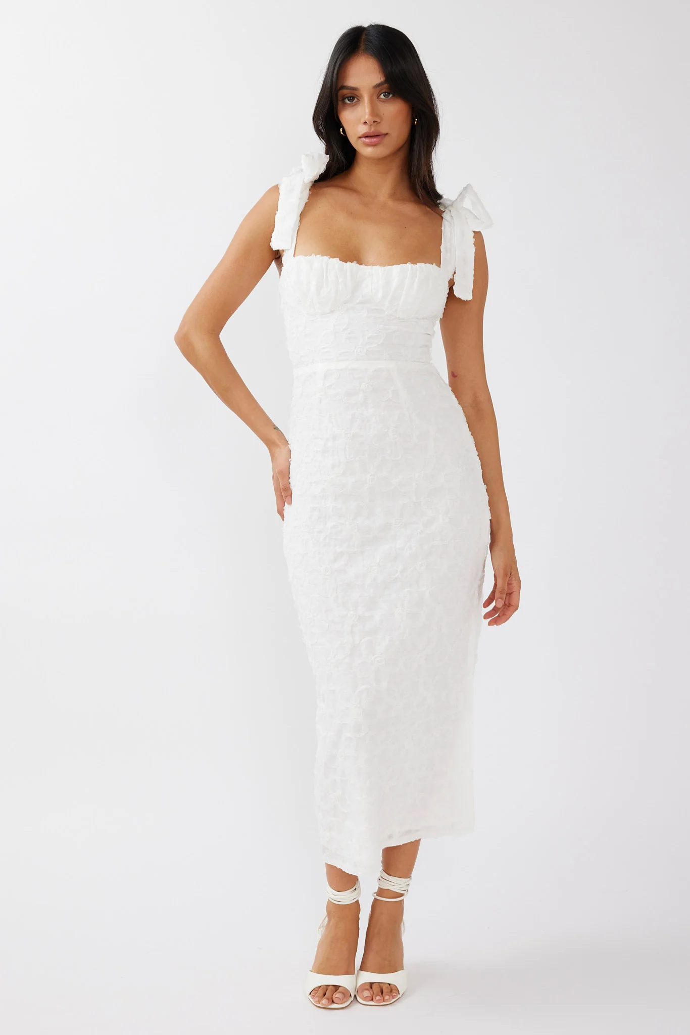 Cupid Tied Shoulder Embellished Midi Dress White