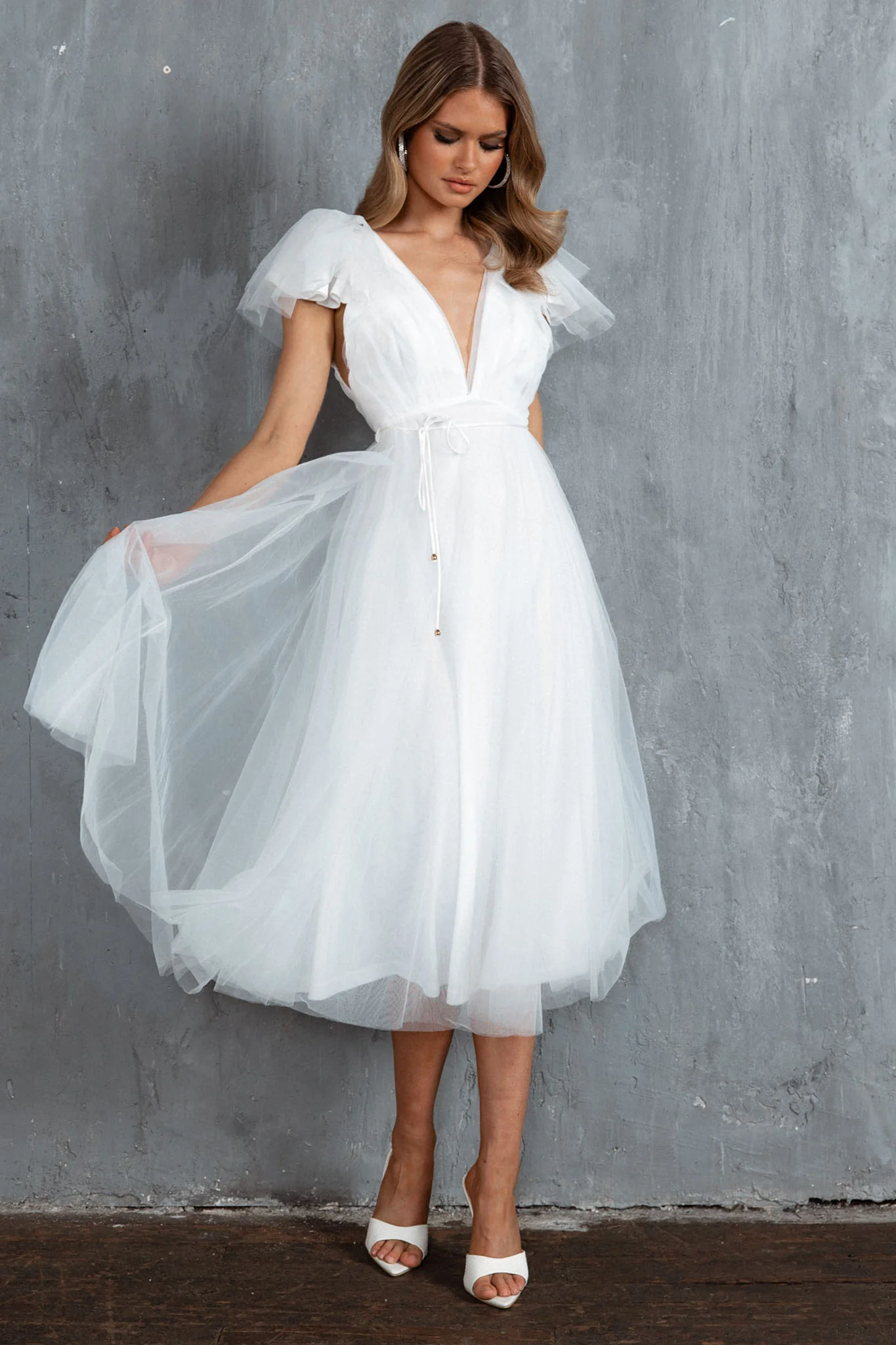 Leap Of Faith Frill Shoulder Tulle Midi Dress White