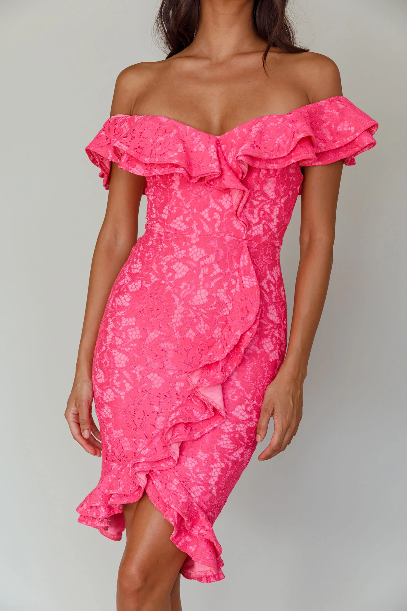 Rossi Off-Shoulder Double Ruffle Lace Dress Hot Pink