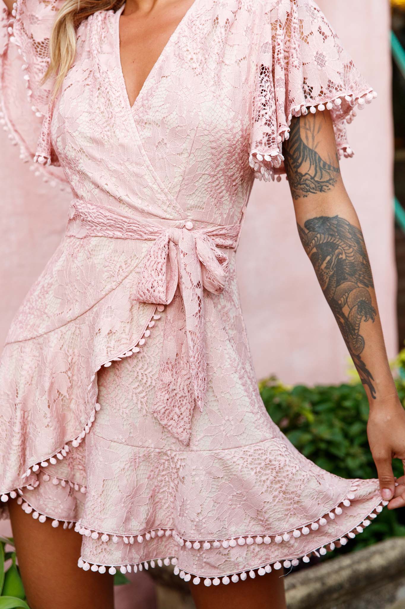 Cami Angel Sleeve Faux Wrap Dress Lace Blush