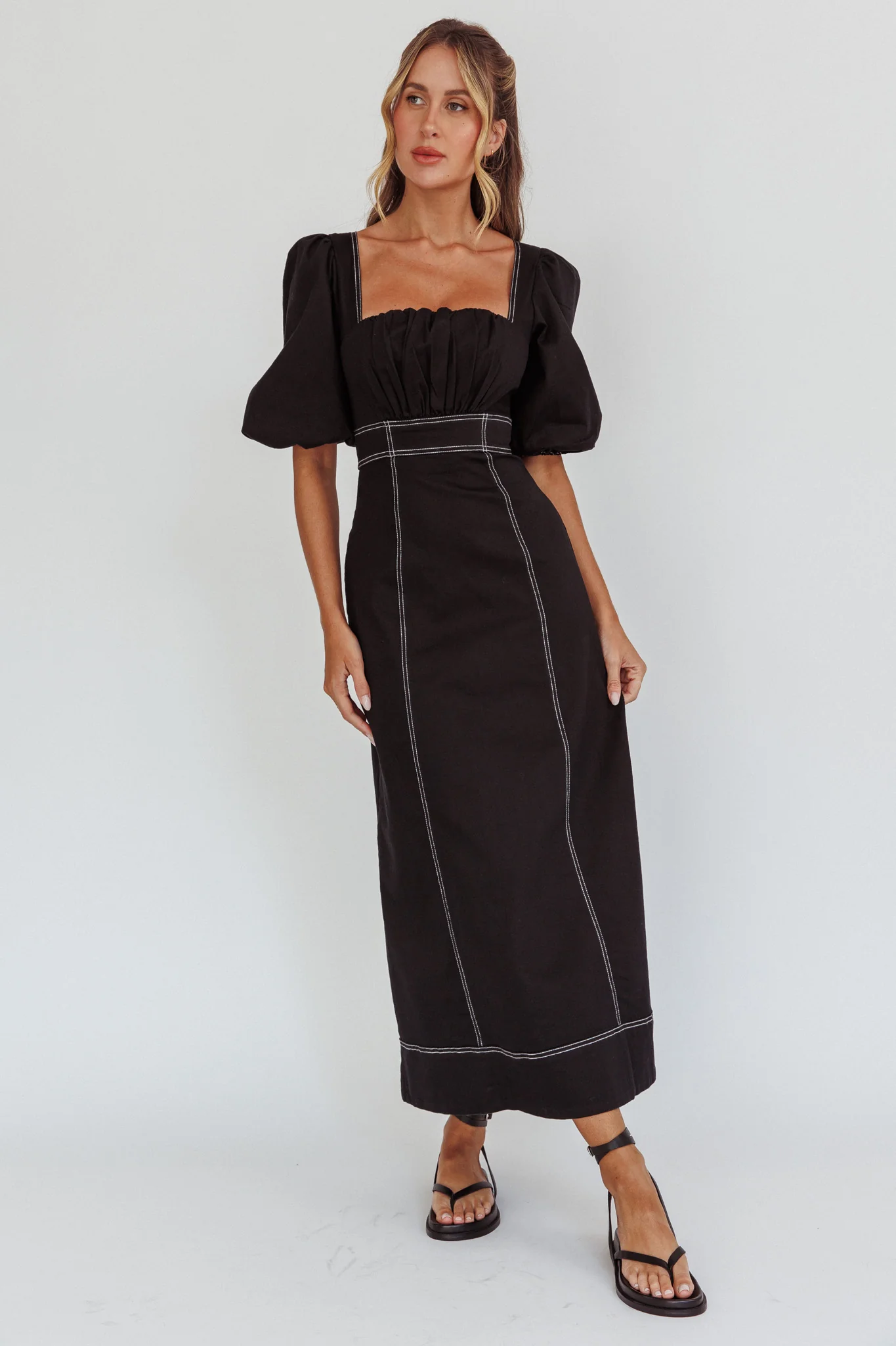 Sibille Puff Sleeve Contrast Stitch Dress Black