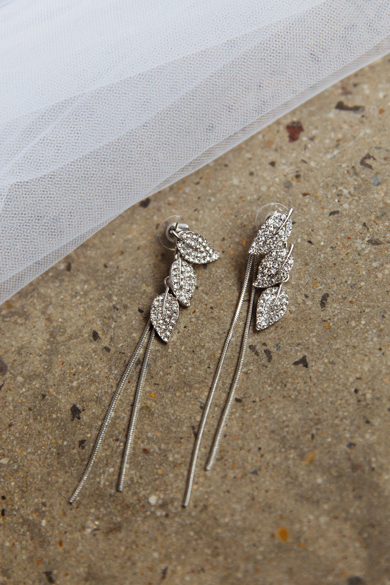 Zircon Leaves Tassel Drop Earrings Silver