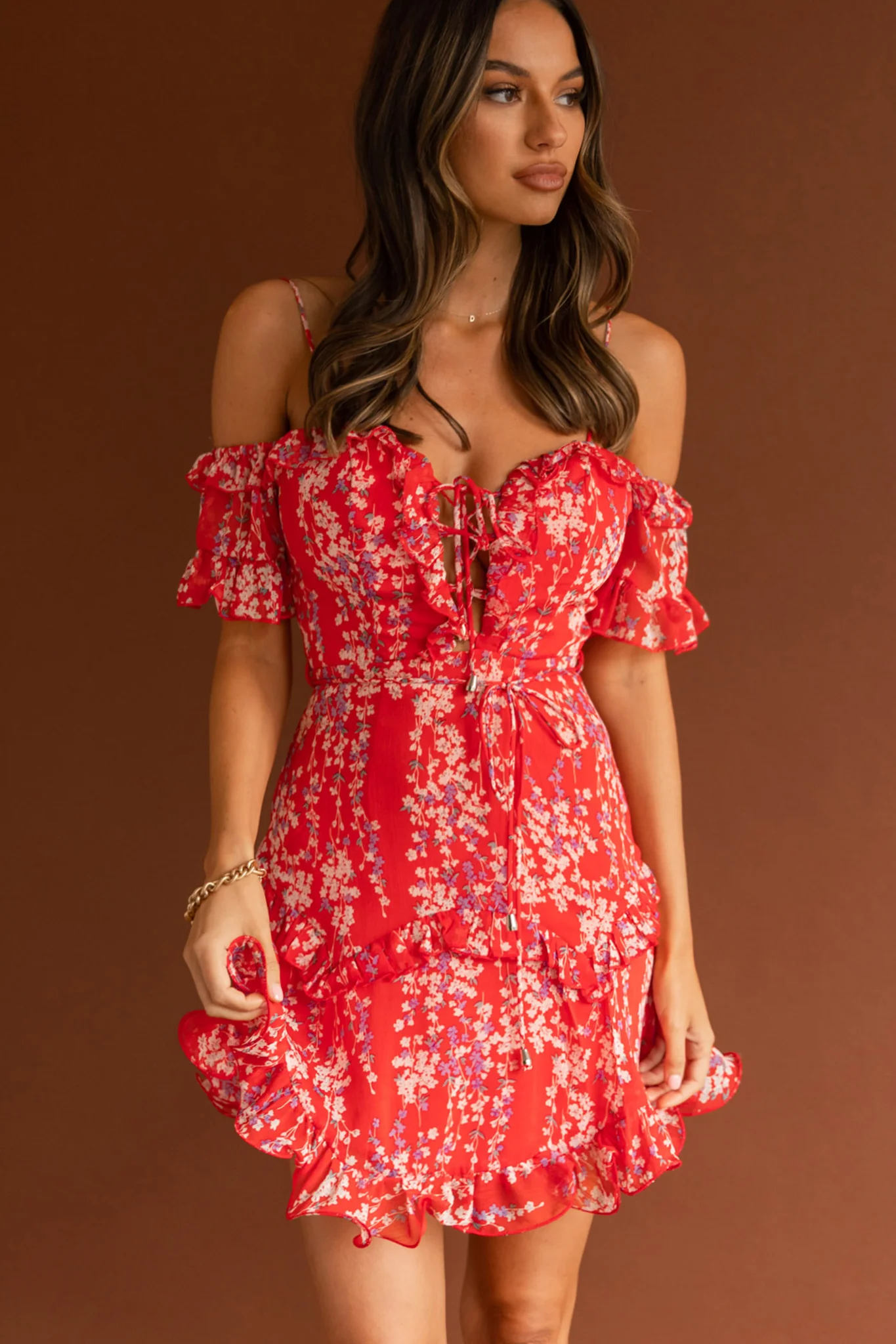 Maranda Bardot Lace-Up Bust Dress Dainty Floral Red