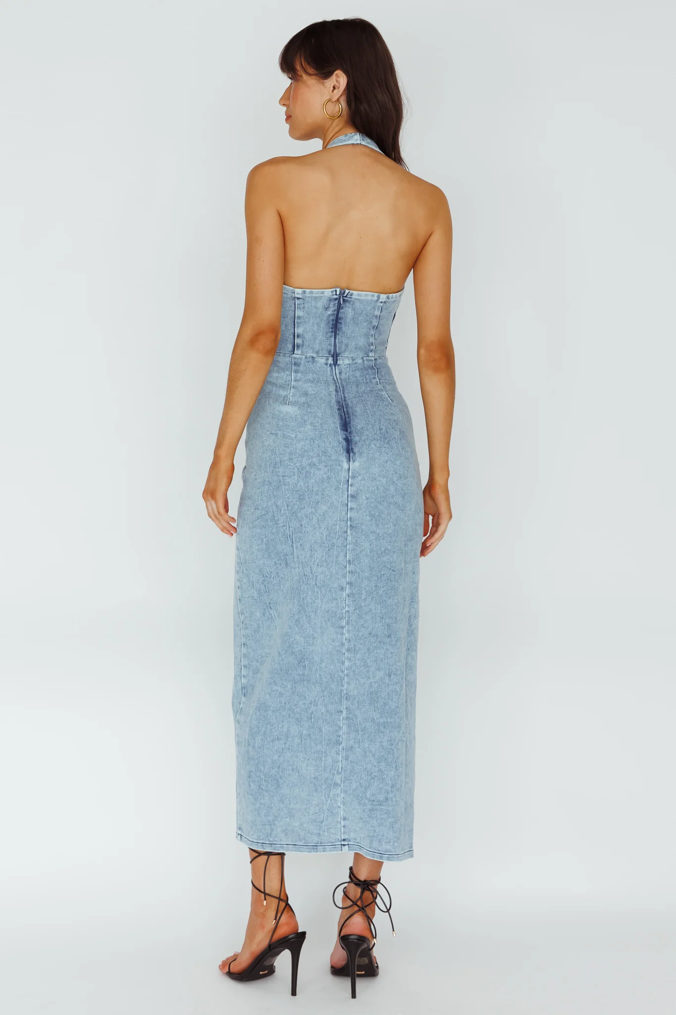 Renita Halterneck Button Maxi Dress Denim Blue