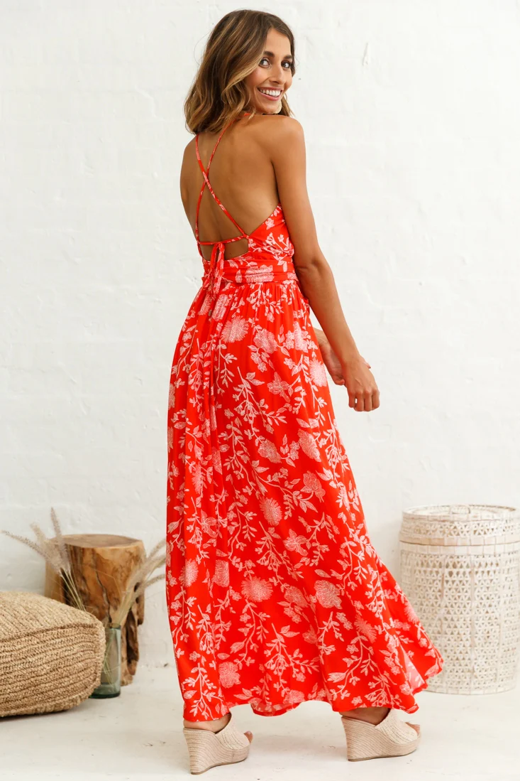 Athena High Split Maxi Dress Floral Print Red