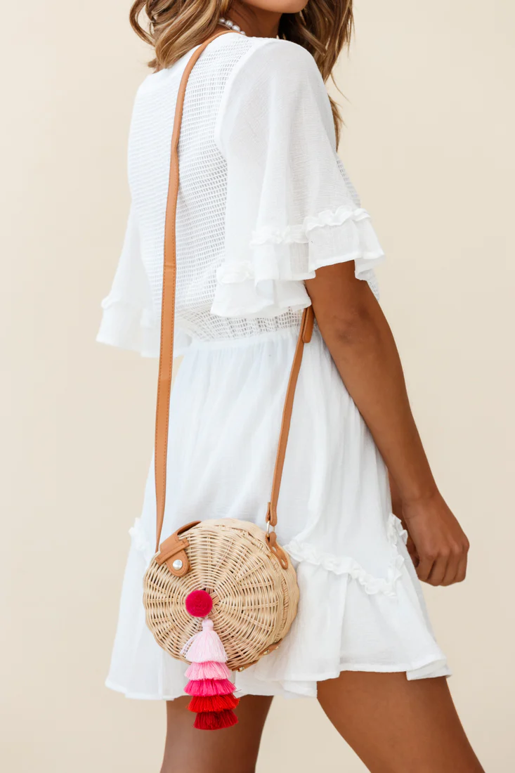 Tulum Woven Circle Tassel Trim Bag Pink