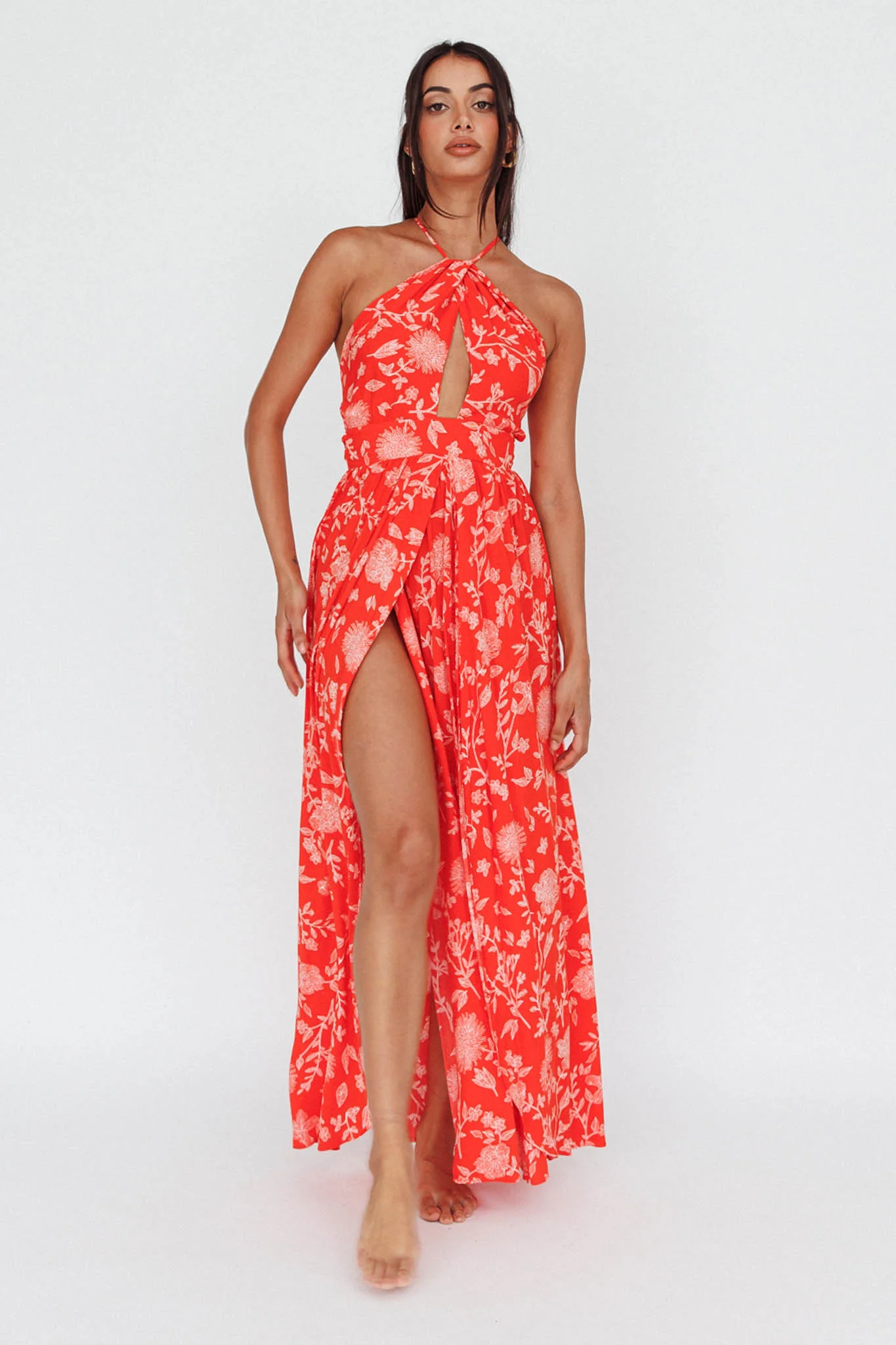 Athena High Split Maxi Dress Floral Print Red