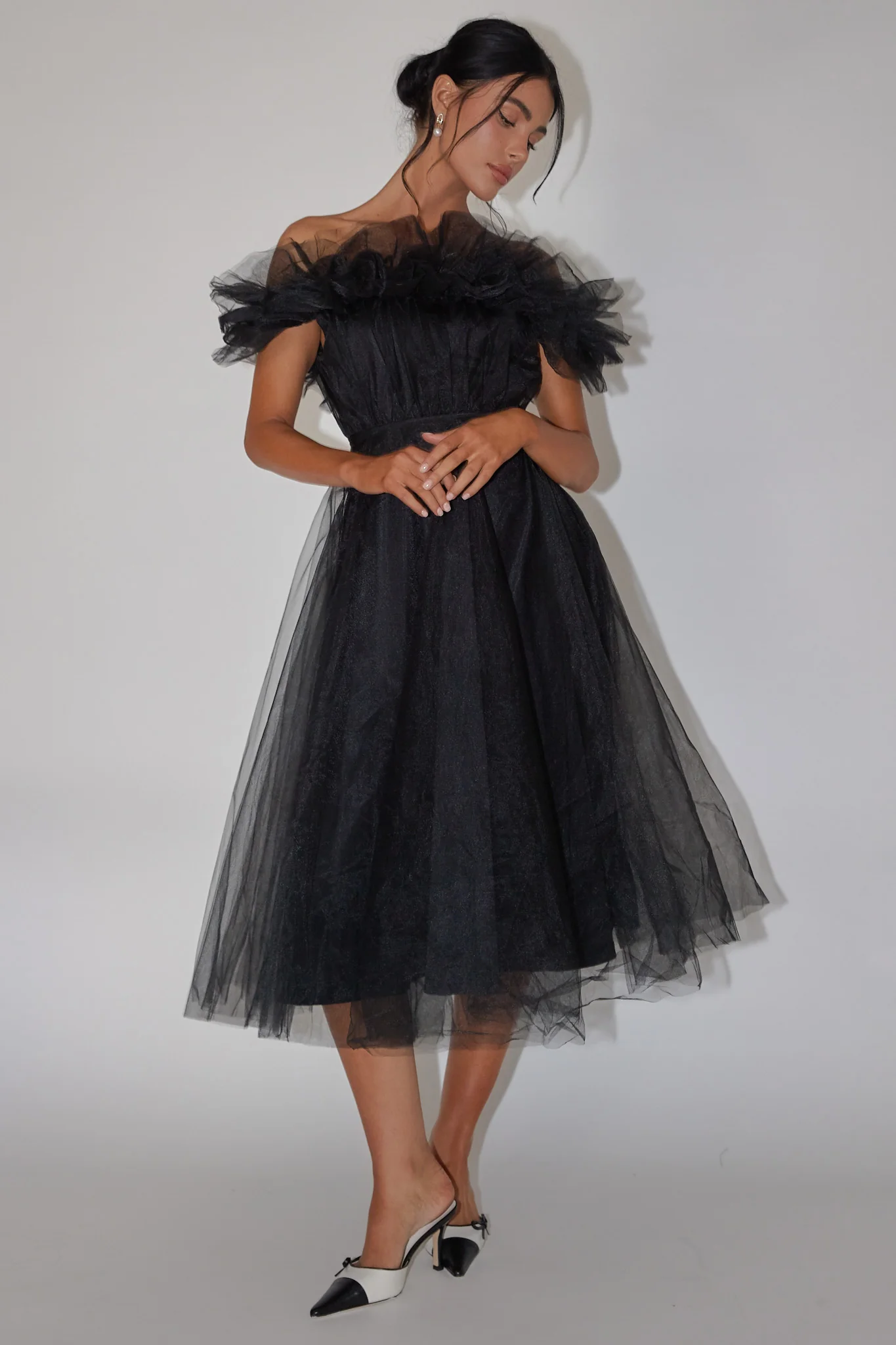 May Rose Off-Shoulder Tulle Midi Dress Black