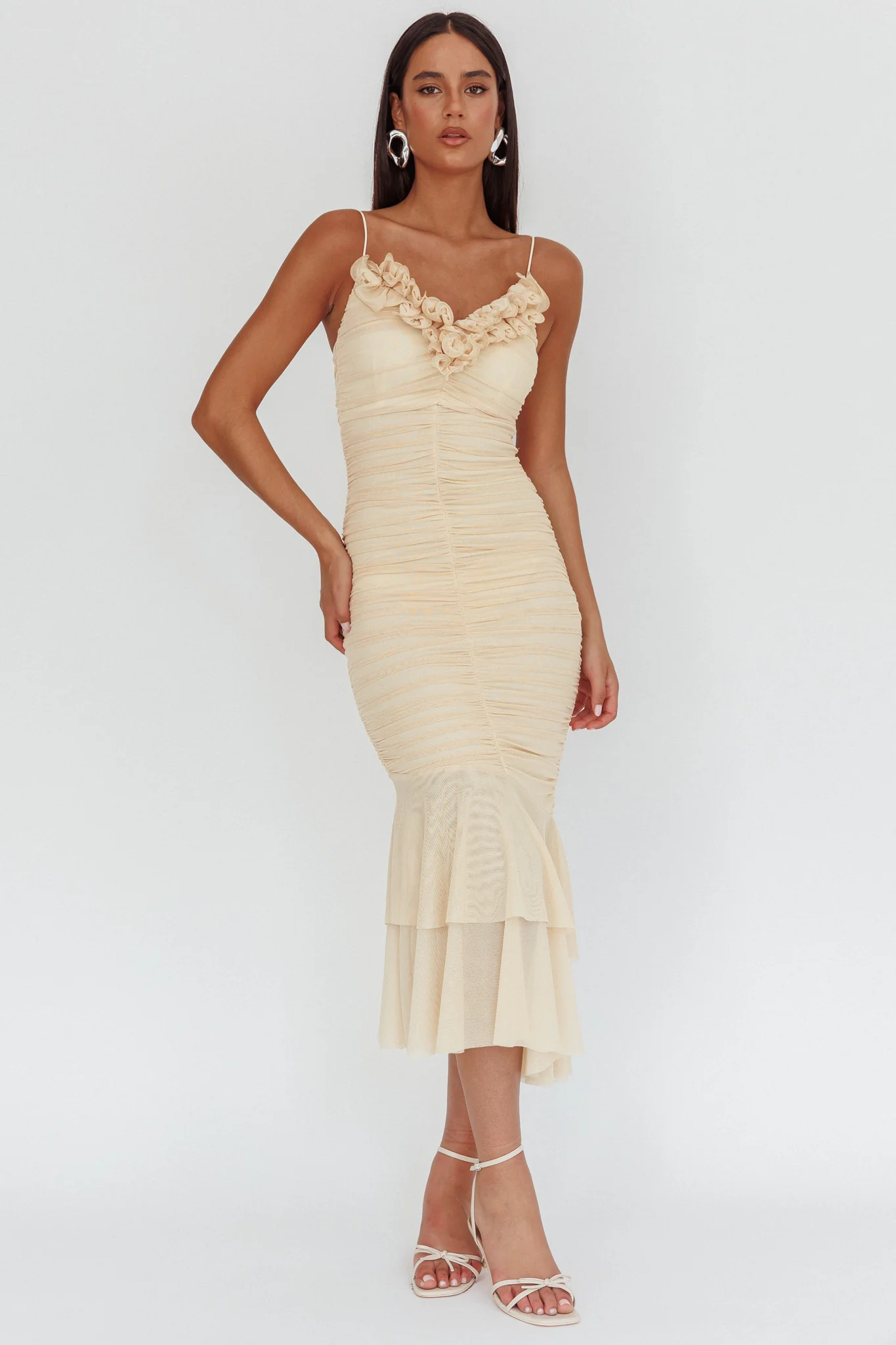 Nadia Ruffle Neckline Ruched Midi Dress Butter