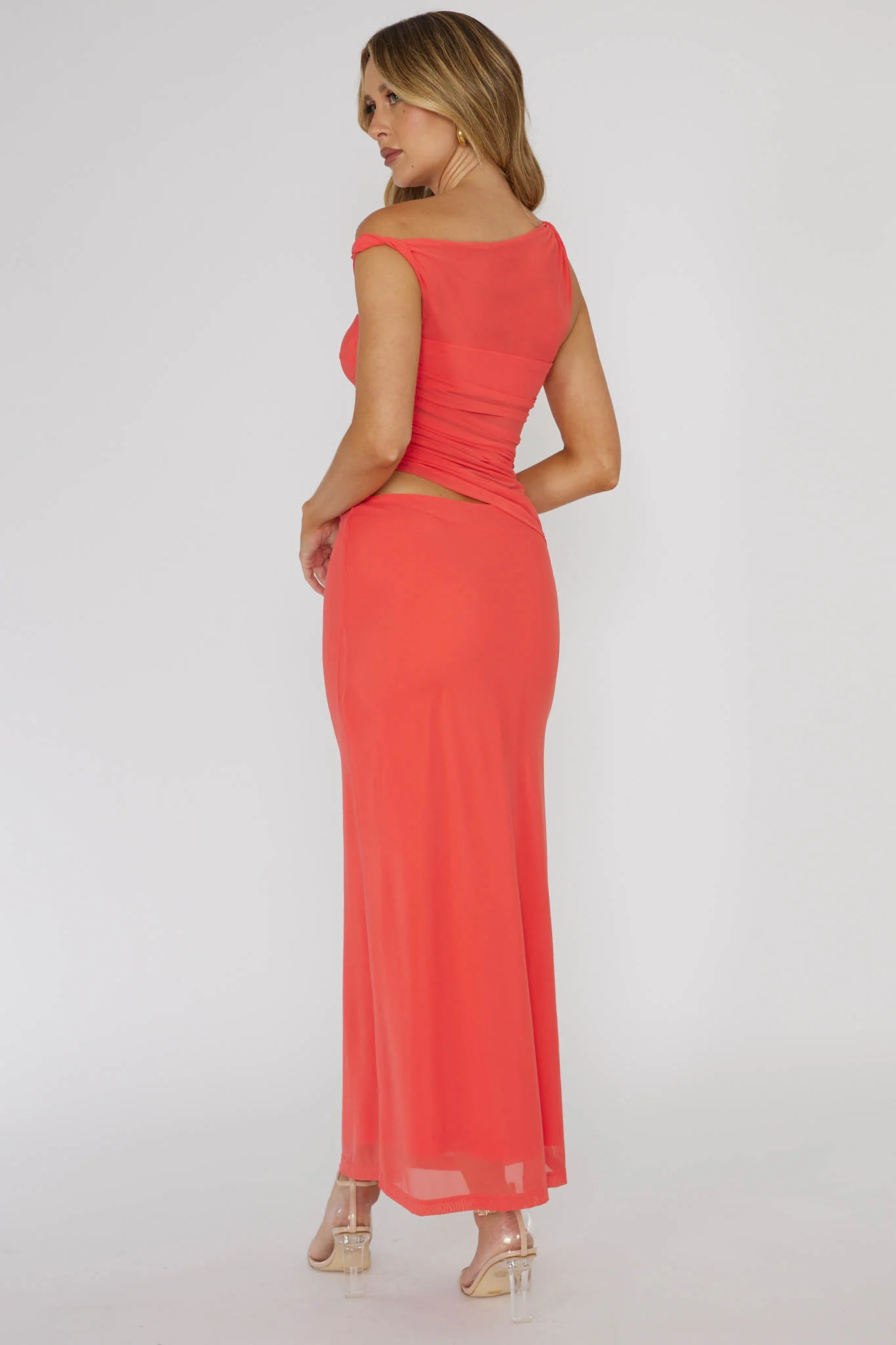 Lorely Ruched Bodice Twist Strap Midi Dress Watermelon