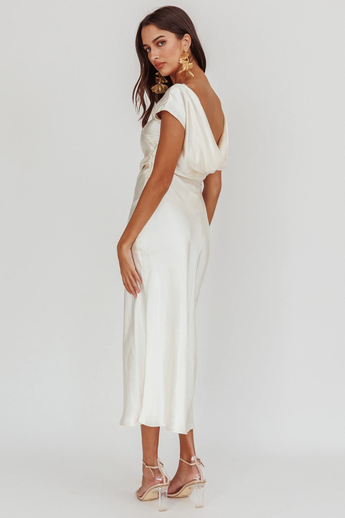 Loveland Cap Sleeve Cowl Back Midi Dress Oyster