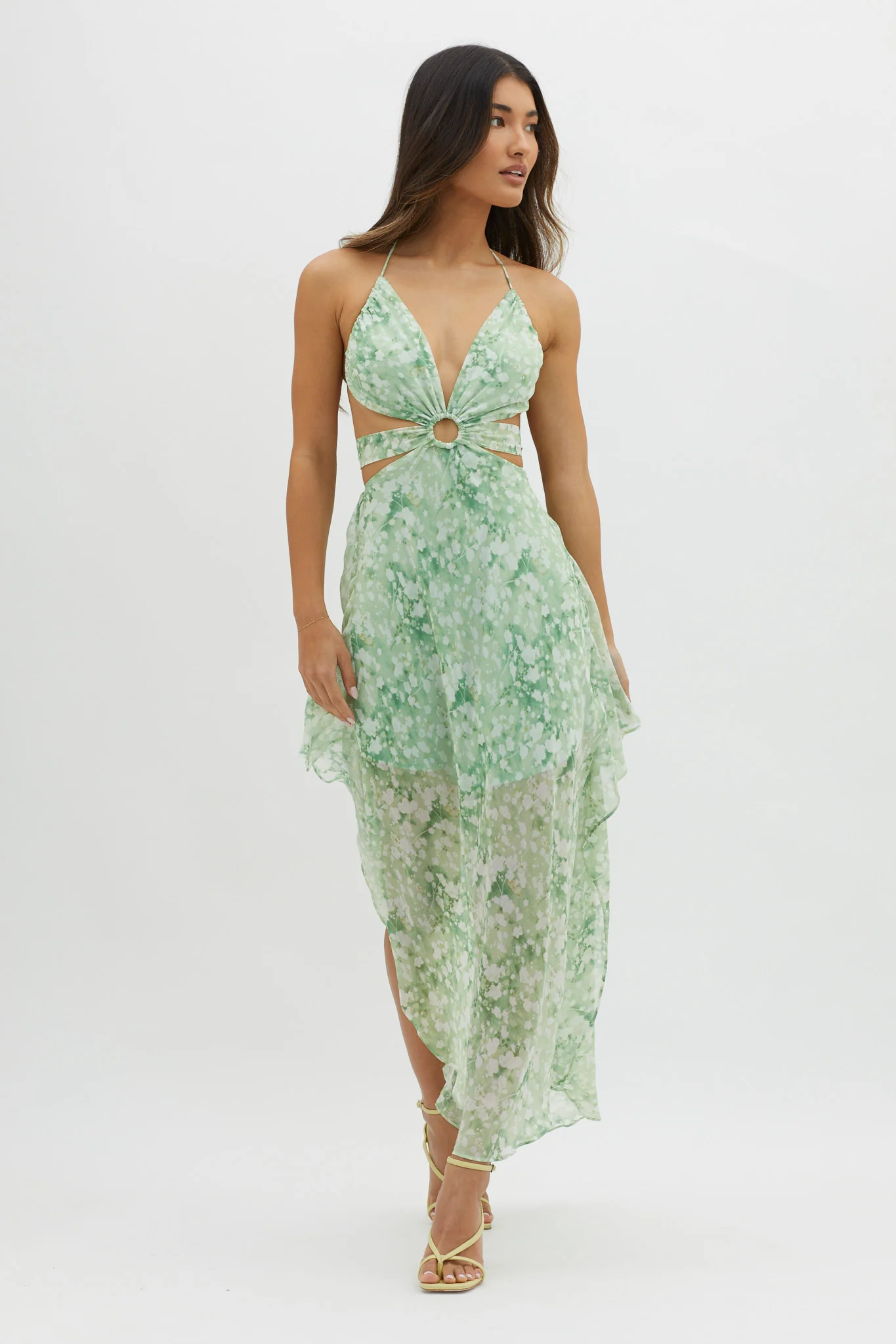 Samia Cut-Out Halterneck Midi Dress Print Green