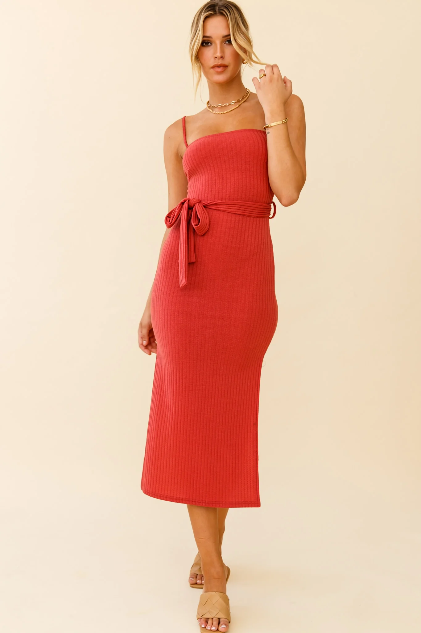 Serenade Me Square Neckline Side Split Midi Dress Rose